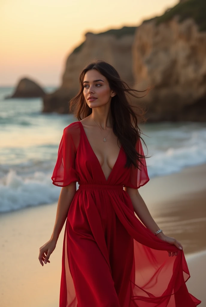 A stylish brunette walks along the promenade in Nice, dressed in a flowy, floral maxi dress, her hair gently blowing in the sea breeze. Location: French Riviera. Slim fit body. F-Cup. Perfect face. Tan skin color. Supermodel. Sexy. Big round tits. Cleavage. Random sexy pose. Tan skin color. Extremely good quality. Photo taken by 90mm Lens. Voloptous. Busty. Silicone tits. Big boobs. Huge fake tits. ,photorealistic