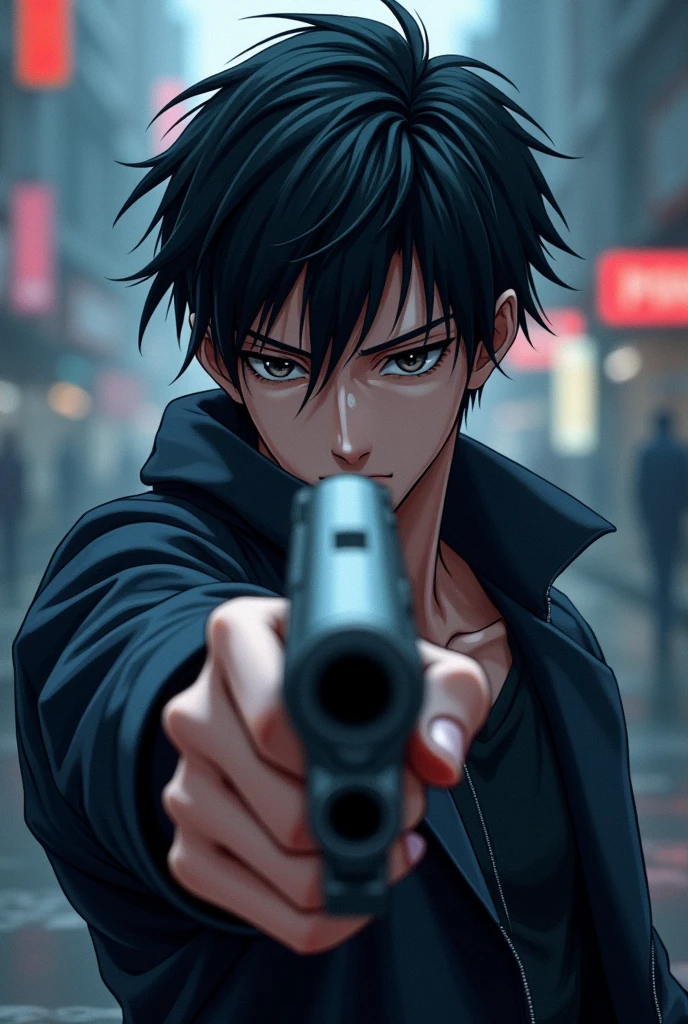 pointing a gun at the camera, with a background of rain and a dark, blurry city, dark and saturated