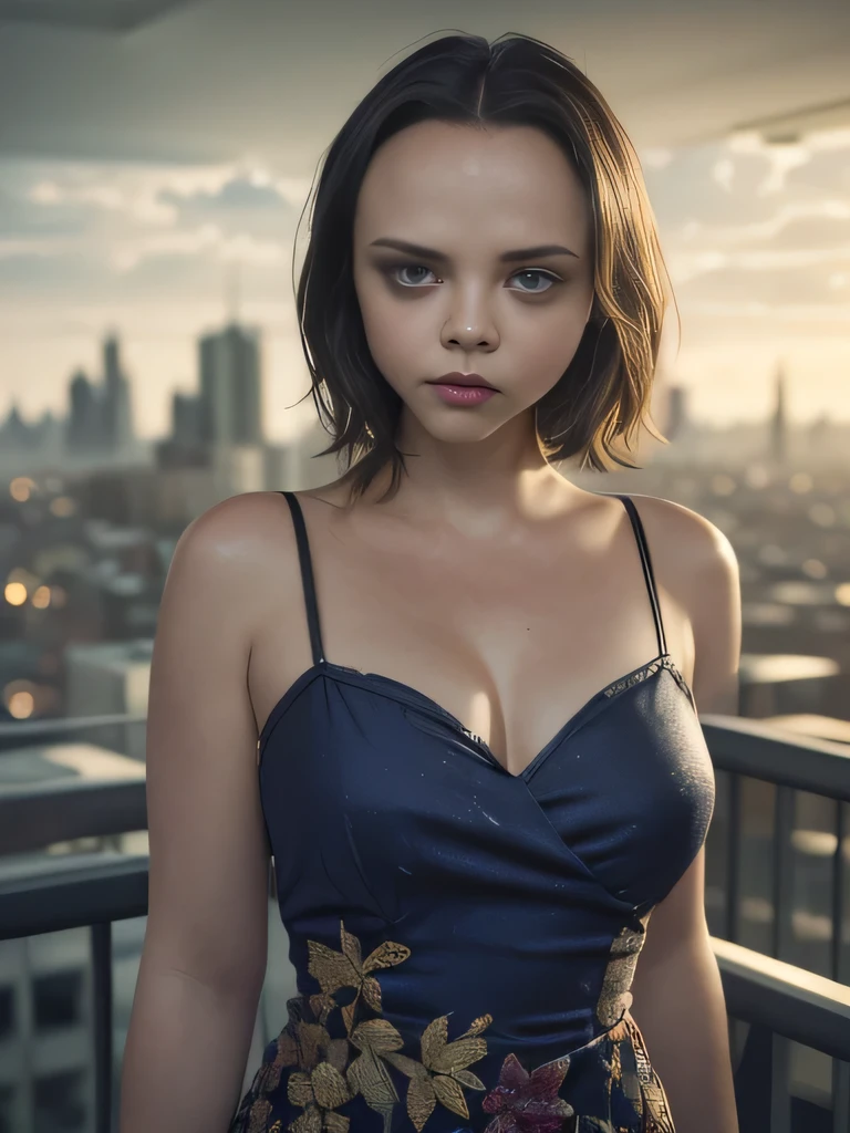 photo of Christina Ricci, RAW, beautiful woman, ((portrait)), ((detailed face:1.2)), ((detailed facial feature, detailed skin, clear skin), (perfect proportioned body), (wearing a colorful dress) (high detailed city environment, apartment balcony), (realistic photo, best quality, detailed), (8k wallpaper), (cinematic lighting, dramatic lighting) (sharp focus, intricate)