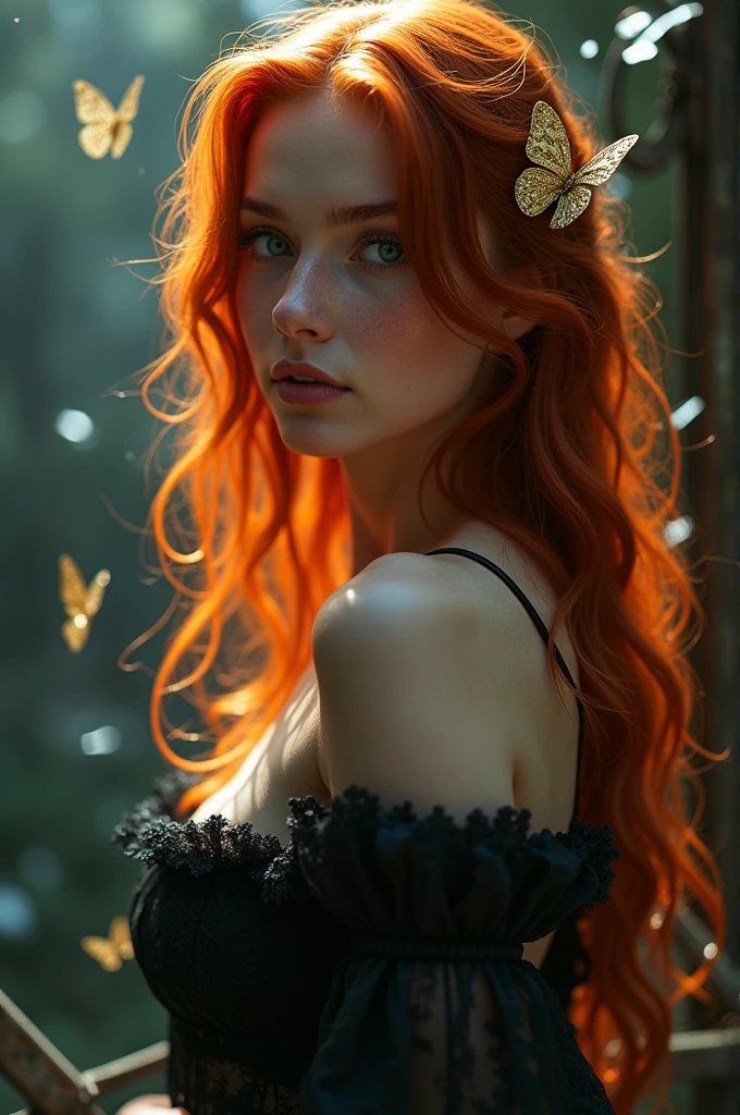 (solo, full body photo:1.3), (action packed:1.3), (haze, fog, mist:1.3), chiaroscuro, best quality, photorealistic, 1woman, (cute), (24yo:1.2), redhead, long ginger hair highly detailed, 1700'S, digital photography, art by artgerm and ruan jia and greg rutkowski surreal painting gold butterfly filigree, broken glass, (masterpiece, sidelighting, finely detailed Fashionable eyes: 1.2) (perfect oval large eyes that gazes at the viewer), beautiful detailed face, blue gorgeous perfect eyes, (blonde hair ponytail), (attractive young woman:1.3), (thick amazing hair), (seductive:1.1), (blushing:1.1)