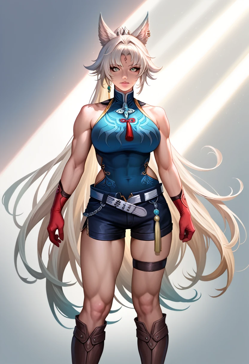 (black background 1:2) 1girl full body standing, nice ass, Hairstyle with a braid, white colored hair, yellow eyes, perfect lighting, muscular, thighs, Mature woman, mummy, bellybutton, abs, looks at the viewer (masterpiece, high quality: 1.1) smile, extremely huge breasts, Maternal, porcelain skin, extra very long hair, sparkly skin, good face, chest cover