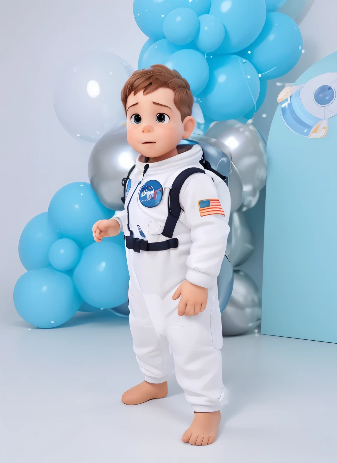 arafed baby in a traje espacial holding a stuffed toy, wearing Astronauta outfit, em uma roupa de cadete espacial, Astronauta suit, traje espacial, fully traje espacialed, Traje espacial, wearing a traje espacial, traje de alta qualidade, with a traje espacial on, small Astronauta looking up, in Traje espacial, wears tiny Traje espacial, tema espacial, Traje pressurizado espacial, Astronauta