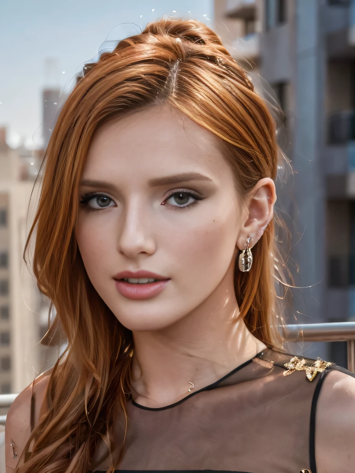 photo of Bella Thorne, RAW, beautiful woman, ((portrait)), ((detailed face:1.2)), ((detailed facial feature, detailed skin, clear skin), (perfect proportioned body), (wearing a colorful dress) (high detailed city environment, apartment balcony), (realistic photo, best quality, detailed), (8k wallpaper), (cinematic lighting, dramatic lighting) (sharp focus, intricate)