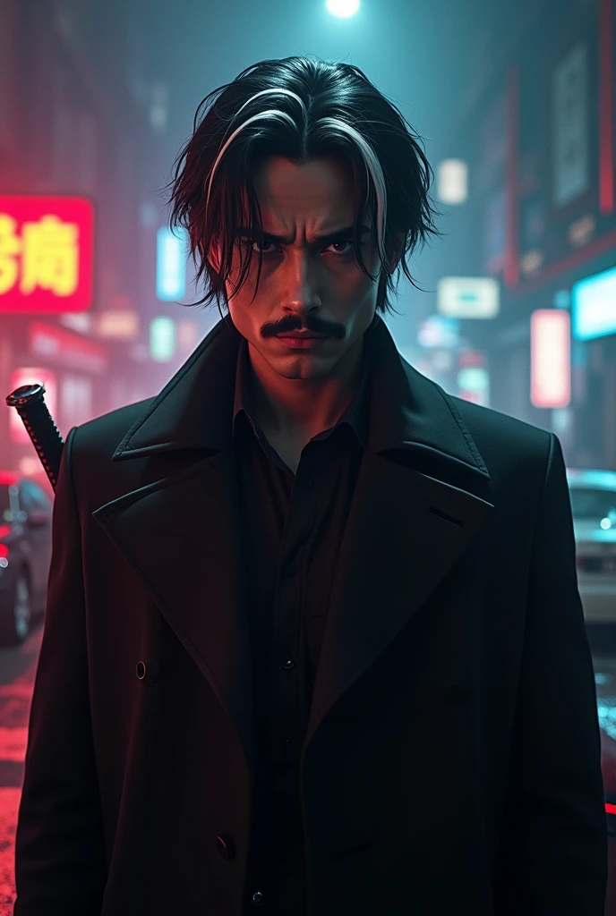 wide angle lens, great, SOM.H.I.and.l.d. agent., black eyes, there is a sword in the back, wearing a black overcoat, in front of a cityscape with neon lights and cars, 8k, GTA v, sharp focus, (underground dispersal: 1,1), winning photo , full body image: 1.1, Seriously, scary expression, dramatic lighting, white mustache mustache, black hair with a white streak, lips tightly closed and yes nervous. The situation is dangerous and serious. colorful. nebulous atmosphere. An atmosphere full of mystery and conspiracy. GTA v,