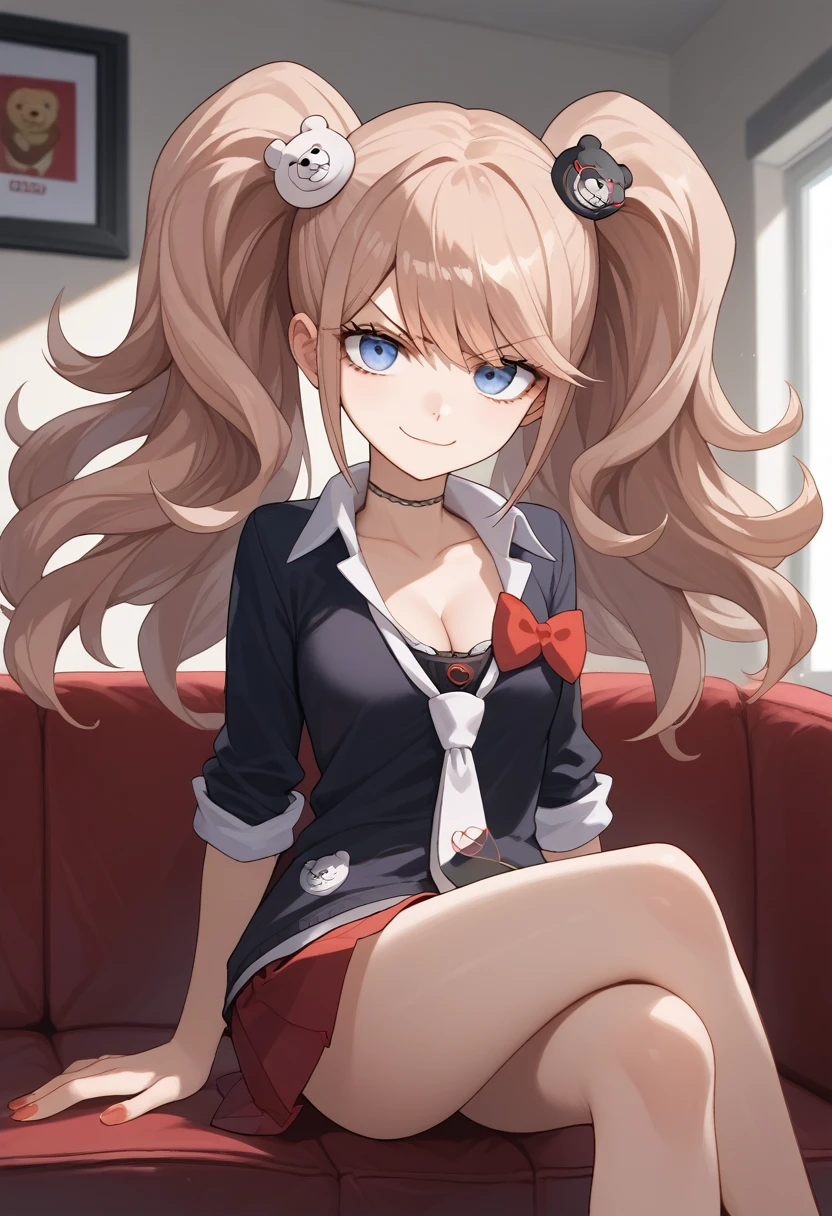 score_9, score_8_up, score_7_up, source_anime, solo, 1girl, enoshima junko, smug, looking at viewer, sitting, crossed legs, couch, twintails, bear hair ornament, v-shaped eyebrows, school uniform, black shirt, white necktie, red bow, sleeves rolled up, red skirt, choker, collarbone, cleavage, indoors 