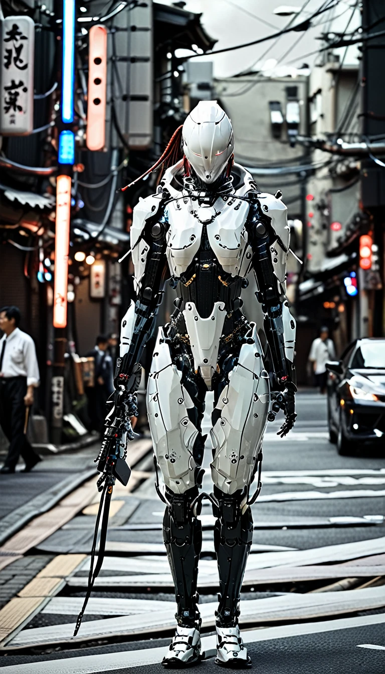 a woman wearing a kimono holding a phone walking on the street followed by a samurai robot bodyguard, in front of a super cool samurai style robot bodyguard, very beautiful cyberpunk samurai, cyber japan style armor, cyber japan samurai armor, Japanese cyborg, cyberpunk samurai, stills about a villainous cyborg, cyber armor Japan, futuristic setting in Tokyo, stills about a cool robot, japanese cgi, stills about robots, surreal cyberpunk style , modern cyberpunk anime