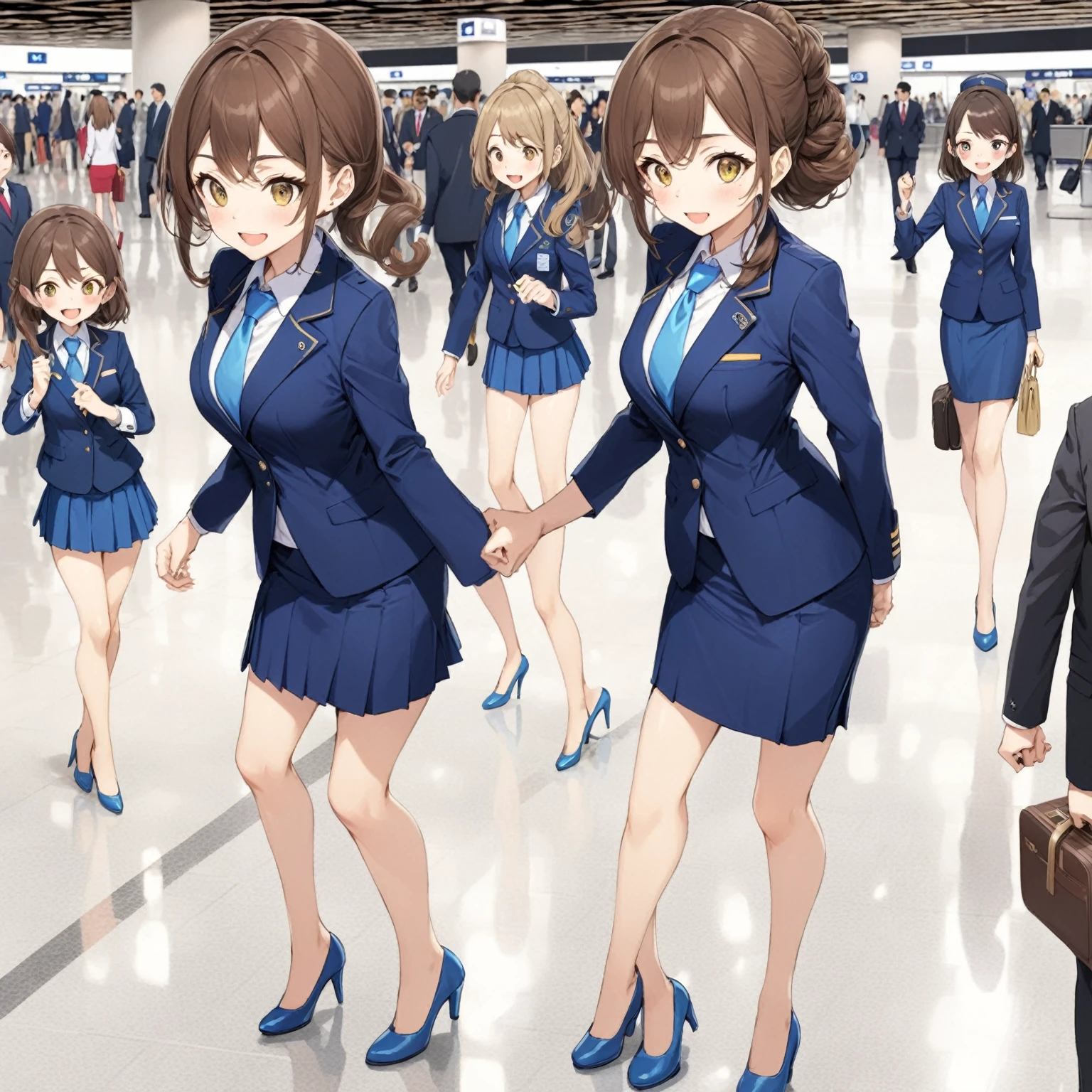 {{Mature female, caucasian}}, looking at viewer, hazel eyes, extremely detailed, medium breasts, brown hair, airport, flight attendant, uniform, blue blazer, blue necktie, blue skirt, medium skirt, pencil skirt, blue high heels, happy, best quality, high quality, extremely detailed anime screencap, {{{{crowded, multiple girls, thousands of sisters, millions of sisters,billions of sisters, clone, doppelganger, matching outfit, matching hairstyle}}}}, full body