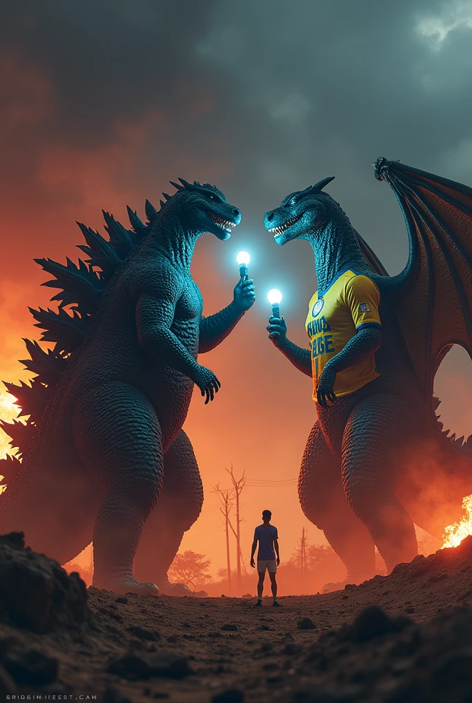 "A powerful scene where a week anime man, bare-chested and with torn pants, holds back the enormous jaws of a colossal dragon-like beast. The dragon has massive fangs, glowing yellow eyes, and scales on its head. The anime man is pushing back with all his strength against the sharp teeth as if he's a god-like figure. The atmosphere is tense with dark shadows in the background, showing an epic battle of strength and willpower."