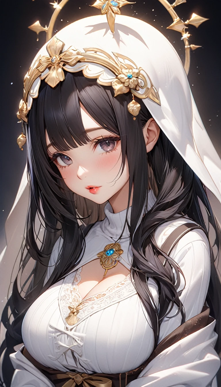 (Browsing Caution:1.2), (8k, RAW Photos, Best image quality, masterpiece: 1.4), (非常に精細なCG Unity 8k壁紙, Highest quality, High resolution: 1.2), (Ultra_Familiar, 超High resolution: 1.2), super highly Familiar, (Realistic, Realistic: 1.48), 1 girl, Focus Only,(Braiding:1.5), Side Lock, bangs, ((Dark navy blue eyes:1.4, Droopy eyes, Beautiful eyelashes)), Clear Eyes,Large Breasts,, (((Shiny long black hair))), beautiful Familiar  (((White Veil))), ((With a gold cross around his neck)), ((A golden rosary shining on my chest)),Captivating smile, Beautiful and delicate eyes with exquisite detail,Extremely accurate details,Skin dents,Outdoor,Perfect Face,Perfect body, Beautiful Eyes, Beautiful Face, ((Thick white choker)),white dress white dress sexy costume perforated bodycon dress dress bodycon cosplay sexy bodycon dress open hip dress inner harness dress sleeveless dress mini ,形の良いLarge Breasts、Beautiful breasts,((calm and gentle smile)), ,Long, slender limbs,