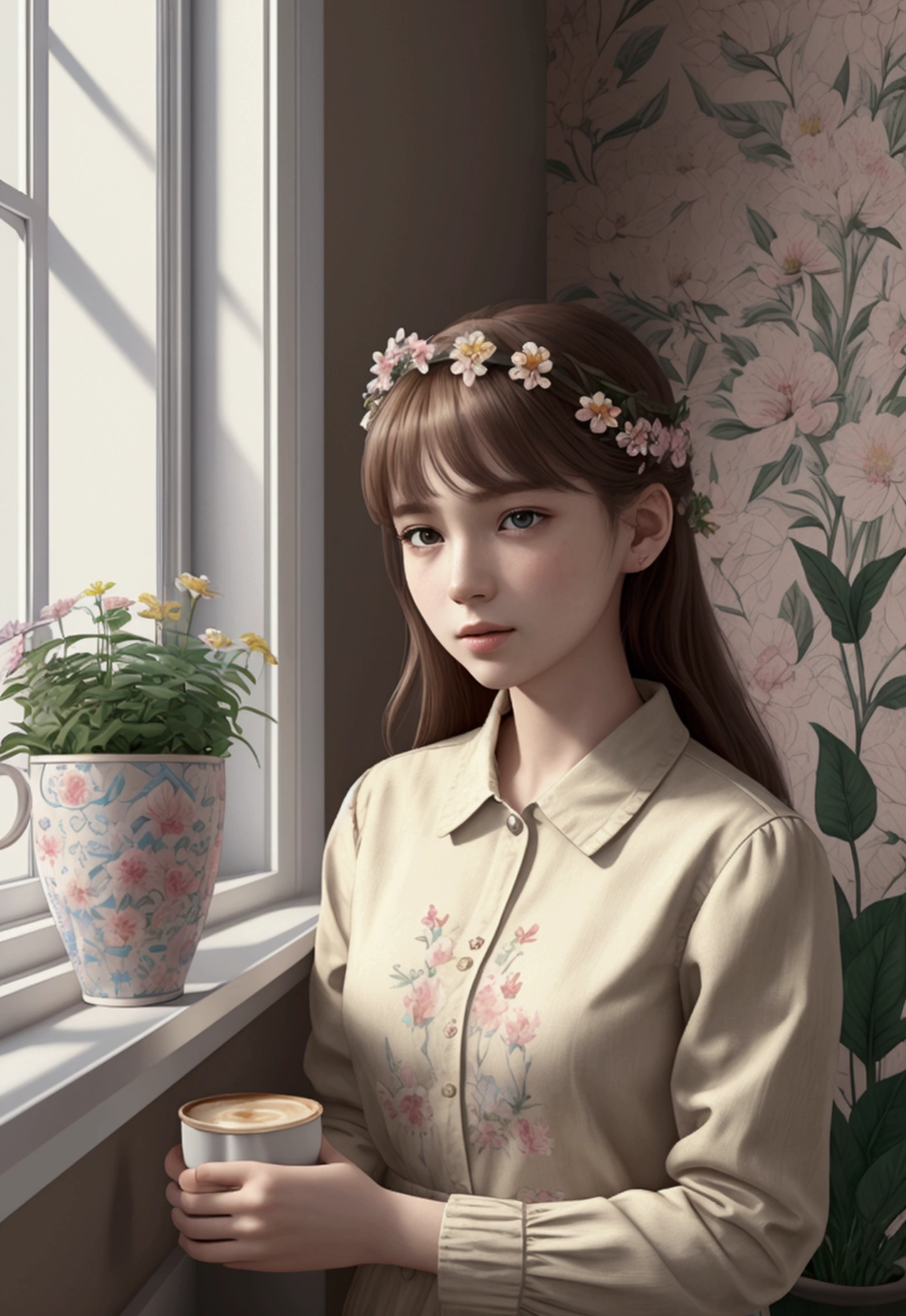 masterpiece,best quality,masterpiece,best quality,official art,extremely detailed CG unity 8k wallpaper,Slight retro color,riso print style,illustration,cute,1girl,Flowers,Windowsill,flowerpot,Drink coffee,.