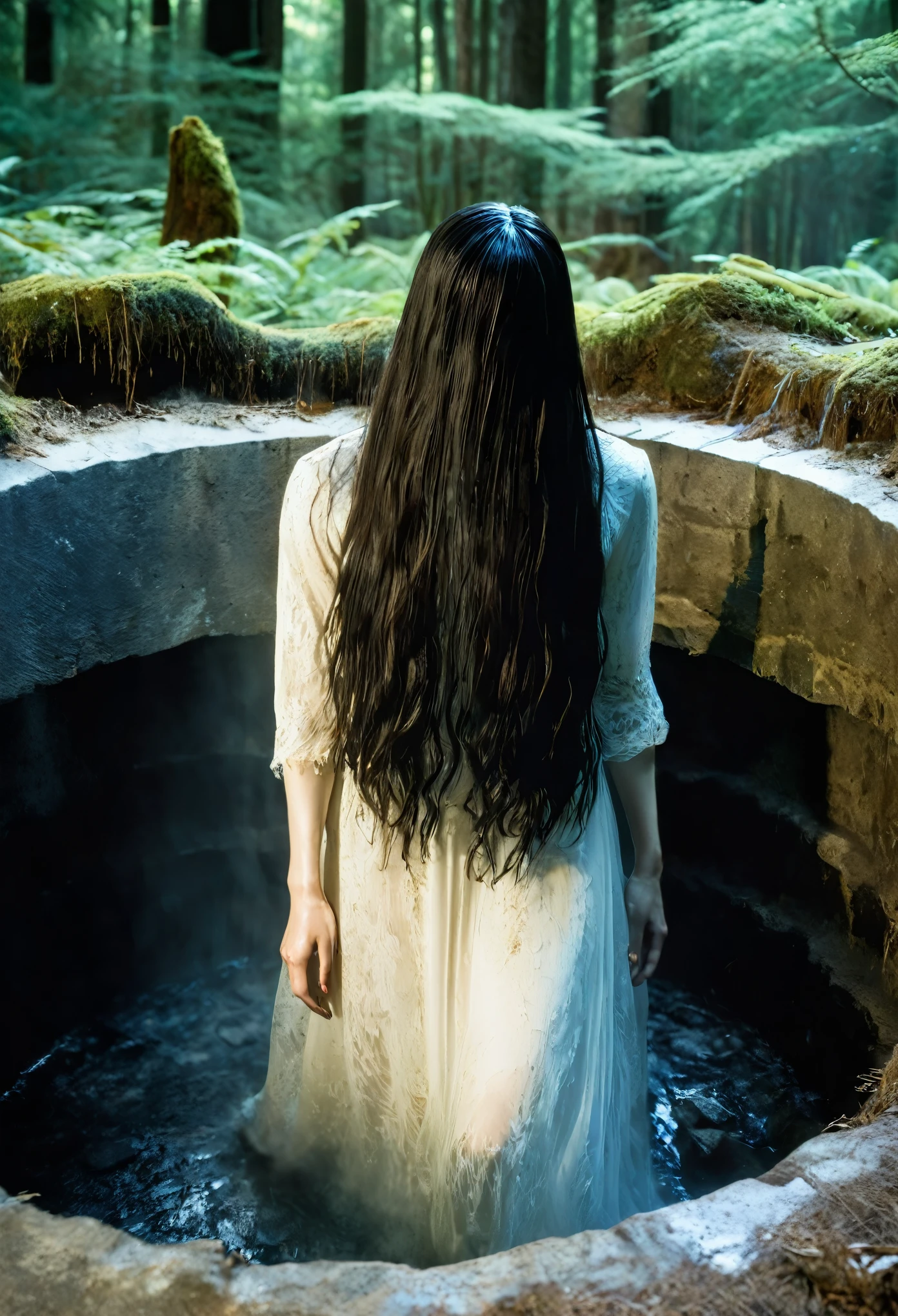 A ghostly woman in a flowing white kimono standing on an old stone bridge. Her long black hair is tangled and hangs over her face, obscuring her features. The night is dark, and the air is thick with tension as she gazes silently into the water below.