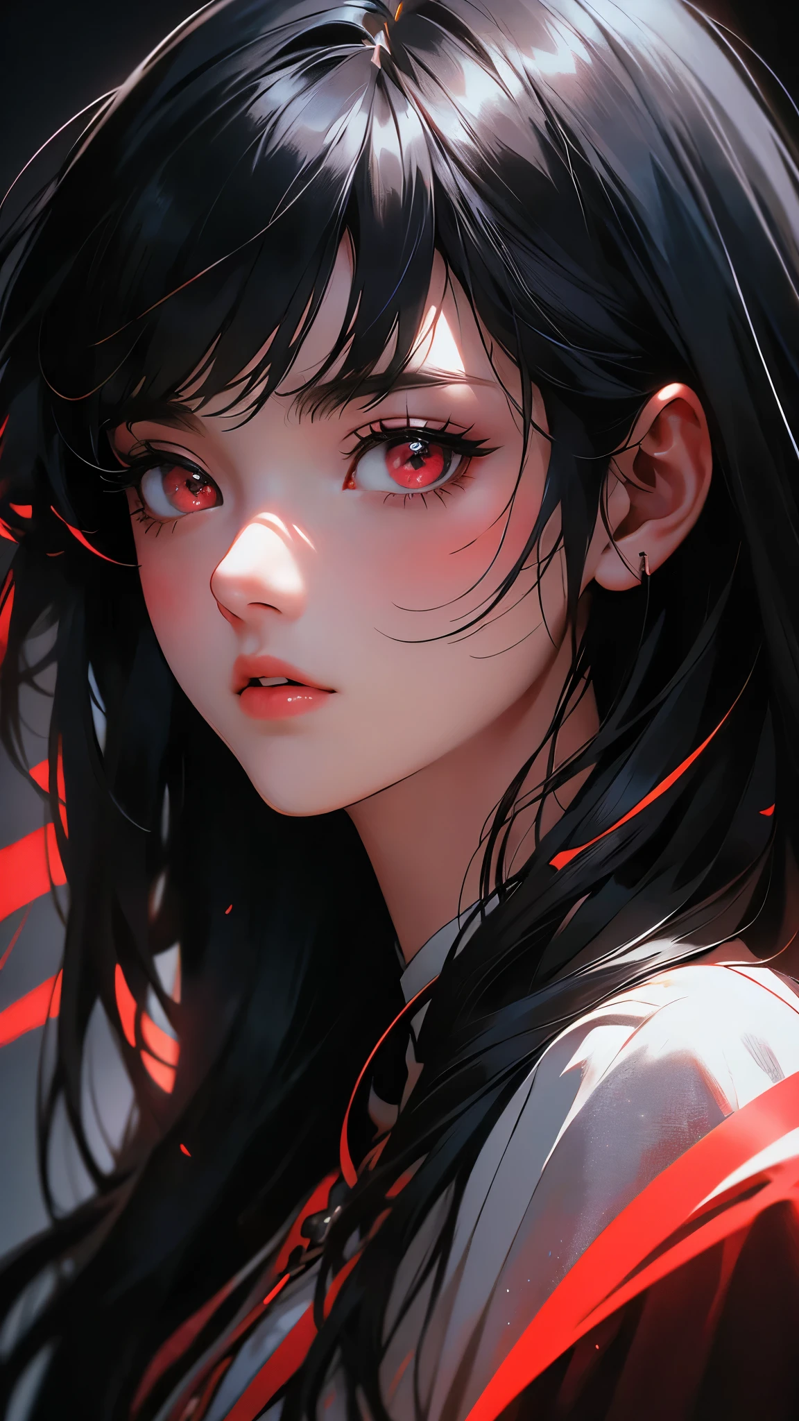 envision a 8k, highres, cinematic, beautiful close up portrait of a lady with a slender body, strong face, strong mature older face, (((black hair))), multicolored, side locks, long bangs, red eyes, Ib, ((((1girl)))), in dark lighting, against a dark gray background