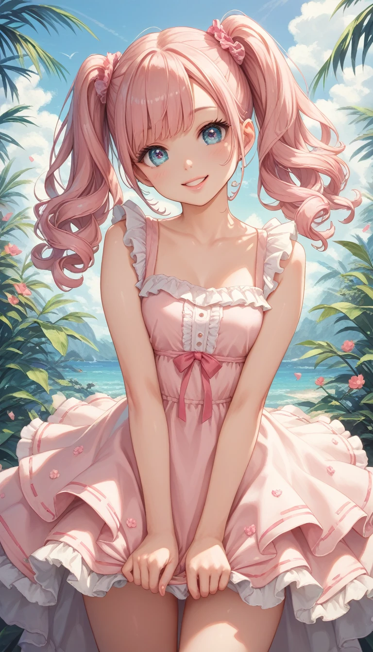 Ultra detailed, detailed cute eyes, Japanese, (cute girl), looking at the photographer, smiling, (curly pink and twintails hair), glossy lips, central image, perfect limbs, perfect anatomy, well-proportioned body, (ruffled summer dress), suggestive