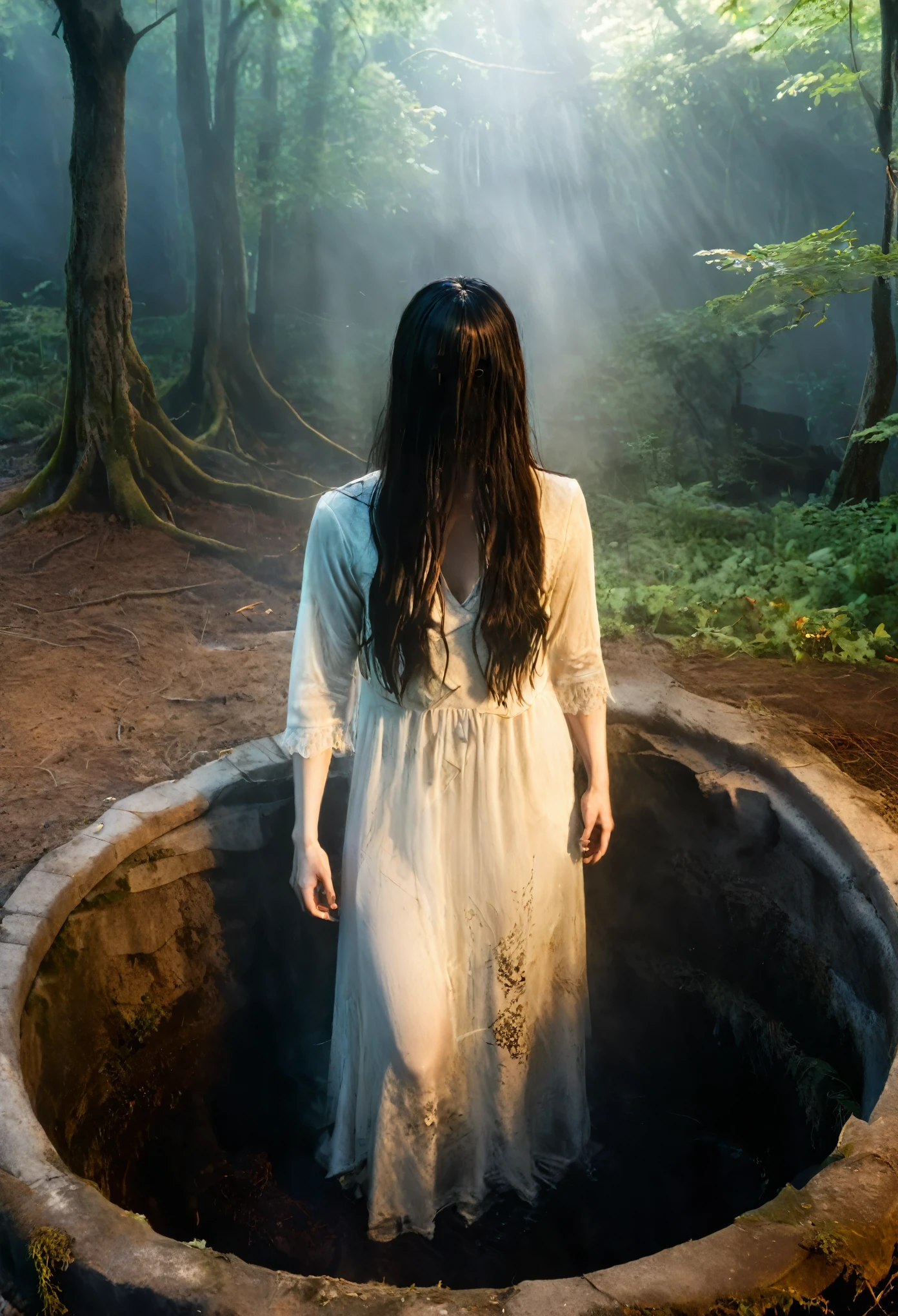 Horror movie sadako the woman of the ring, , hair covering the face,(coming out of the well), front view,half body out of the well,sexy body,dark forest illuminated only by the light of the well,crawling on the ground, curves through the dress, transparent dress