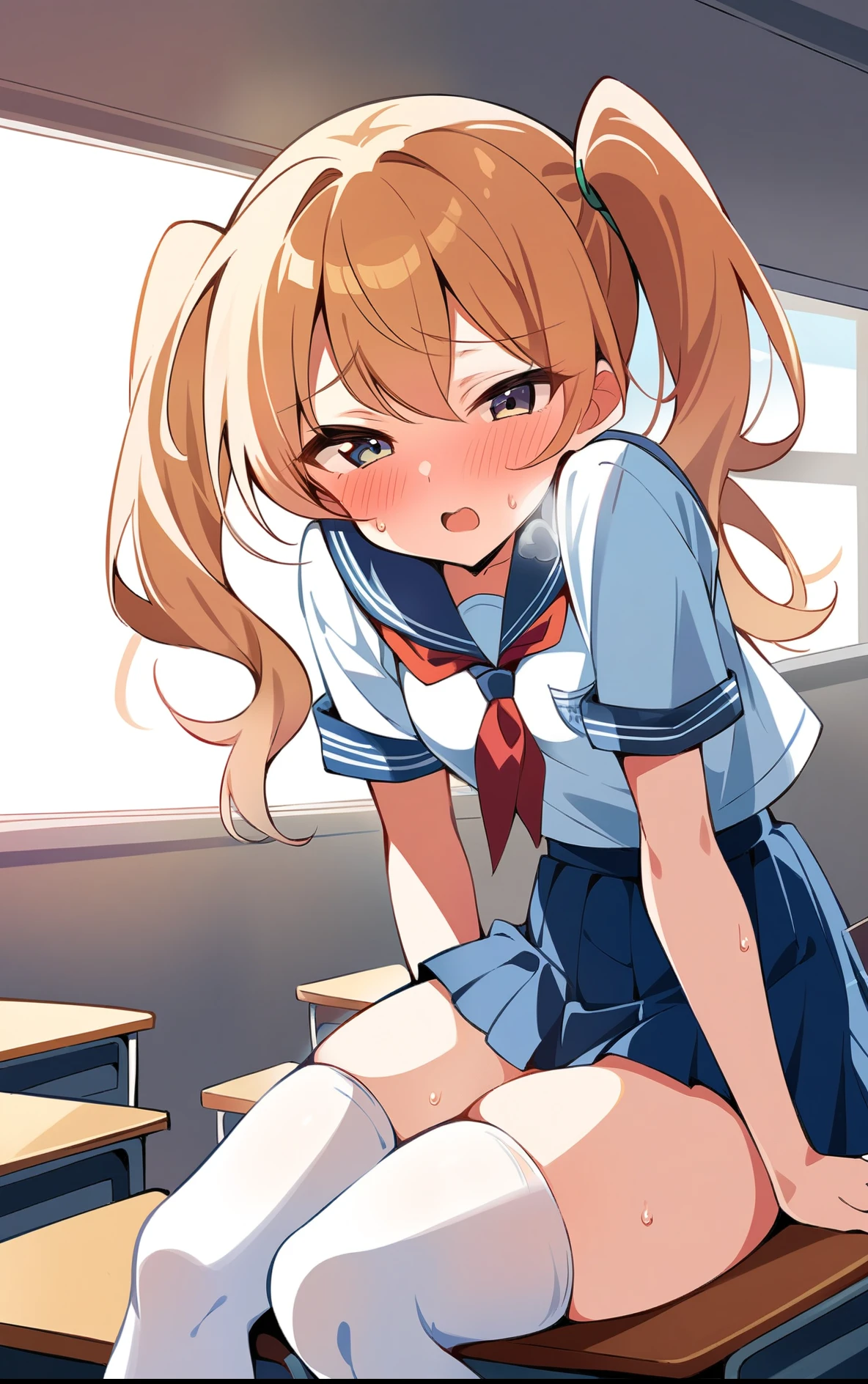 score_9, score_8_up, score_7_up, 1girl, twin tails ginger hair, in a classroom, sexy pose, blushing, heavy breathing, sweating, school uniform, afternoon, hot weather, small breasts, white thigh highs