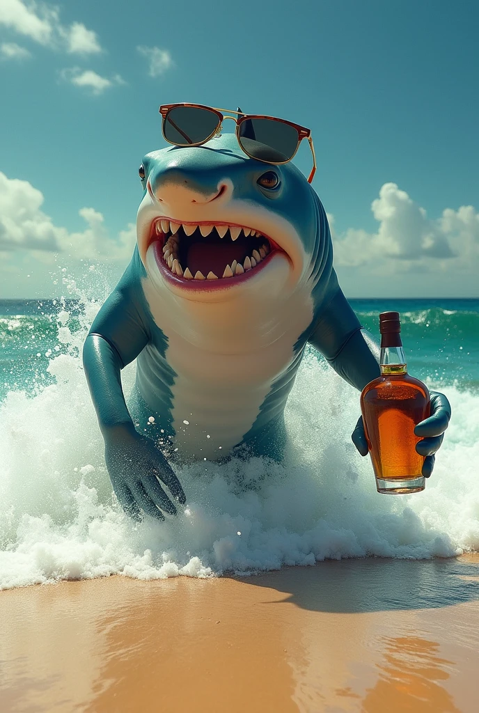 Make a T-shirt print, shark wearing sunglasses on the beach animated with beer with phrases in the background, with black background