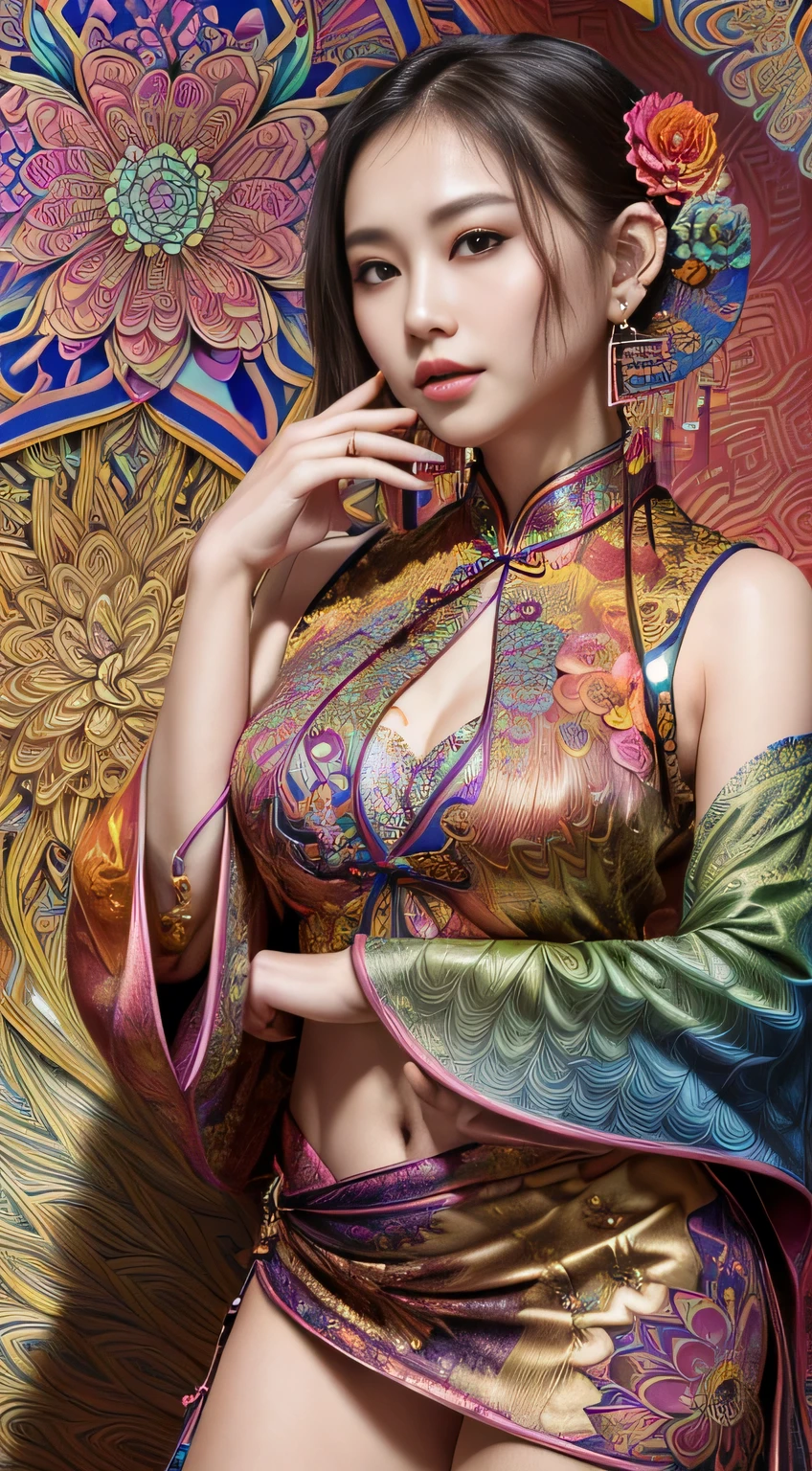 (masterpiece, top quality, best quality, official art, beautiful and aesthetic:1.2), (1girl:1.3), extremely detailed,(fractal art:1.1),(colorful:1.1)(flowers:1.3),highest detailed,(zentangle:1.2), (dynamic pose), (abstract background:1.3), (chinese Traditional cloth:1.2), (shiny skin), (many colors:1.4), ,(earrings:1.4),