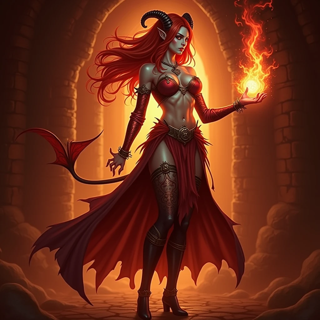 a redheaded tiefling sorceress dungeons and dragons style, summoning magic, half naked