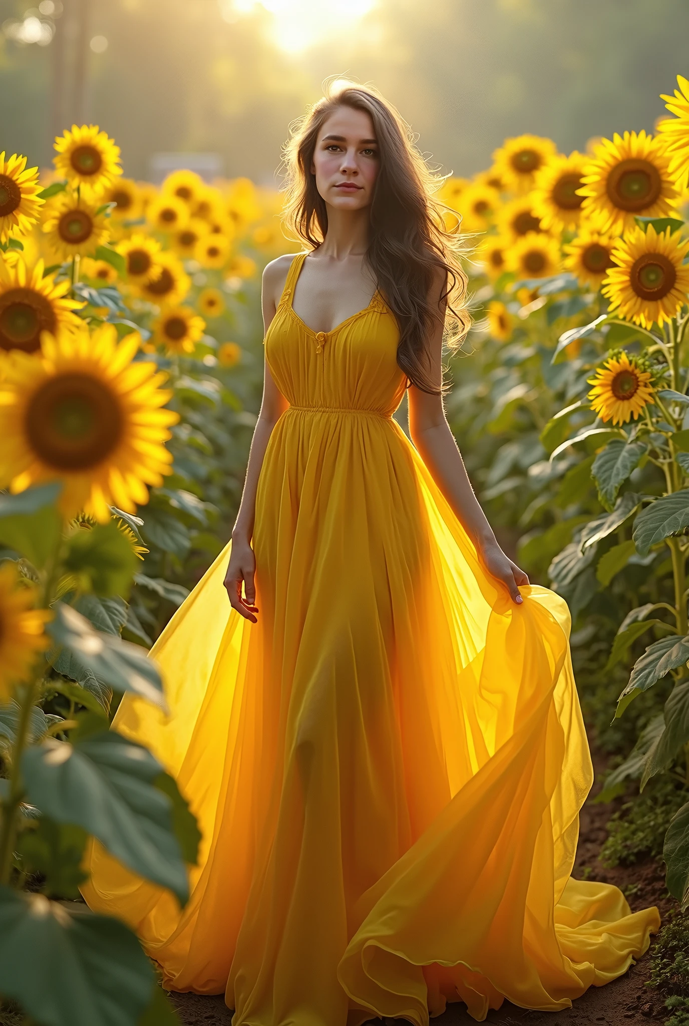 (photorealism:1.2), (full body shot:1.9) Beautiful, stunning, gorgeous, stunning woman, brown hair, green eyes, slender legs, soft features, muse, goddess, realistic skin, extremely detailed full body shot of a strikingly stunning woman, long stylish summer dress, stylish straw sun hat, sunflower field