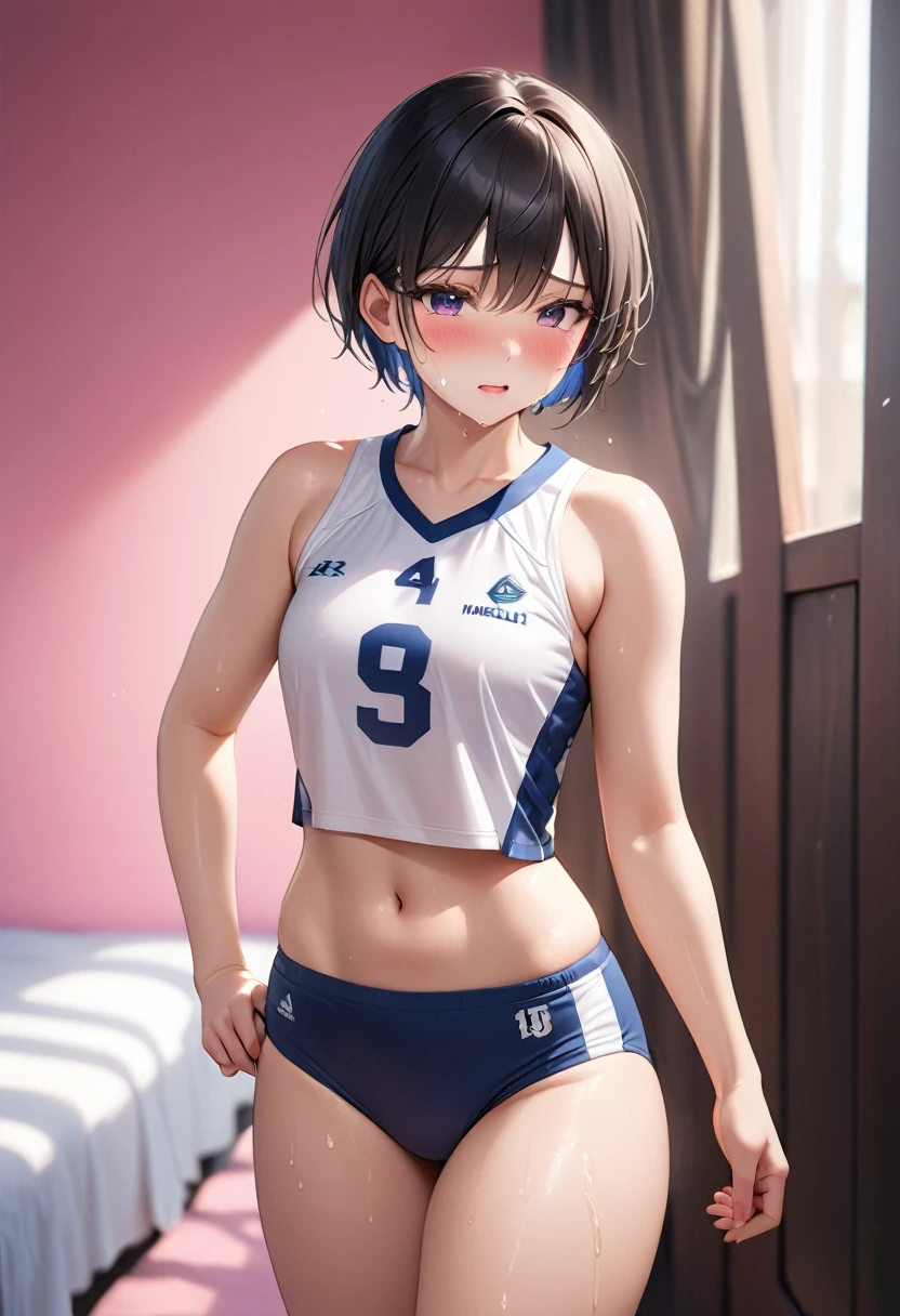 (8k, RAW Photos, Highest quality, masterpiece: 1.2), masterpiece, Super Detail,Best lighting, (Realistic and photorealistic photography: 1.4), High-resolution RAW color photos, Highly detailed mouth,1 person, (Sexy low rise White volleyball uniform), flat chest,valgue posing,large hip,thick thighs,Background Blur, blush, Depth of written boundary, Hair between the eyes,short hair,(Oily skin:1.5,Glowing Skin),((whole body)), Embarrassing,crying:1.3,Black Hair,in the pink bedroom,midriff baring,threeveless