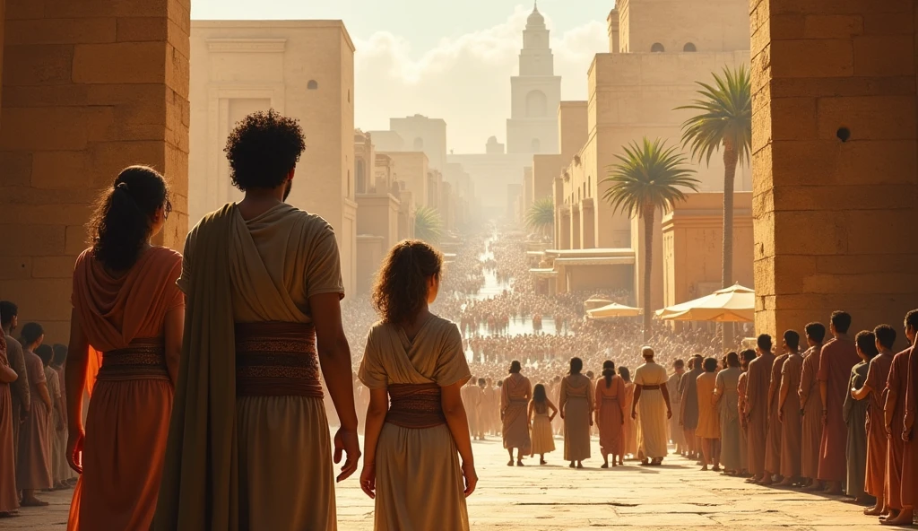 300 a,c Egypt((middle Ages))) in chaos; people looking at the sky; couples kissing in the streets. 
