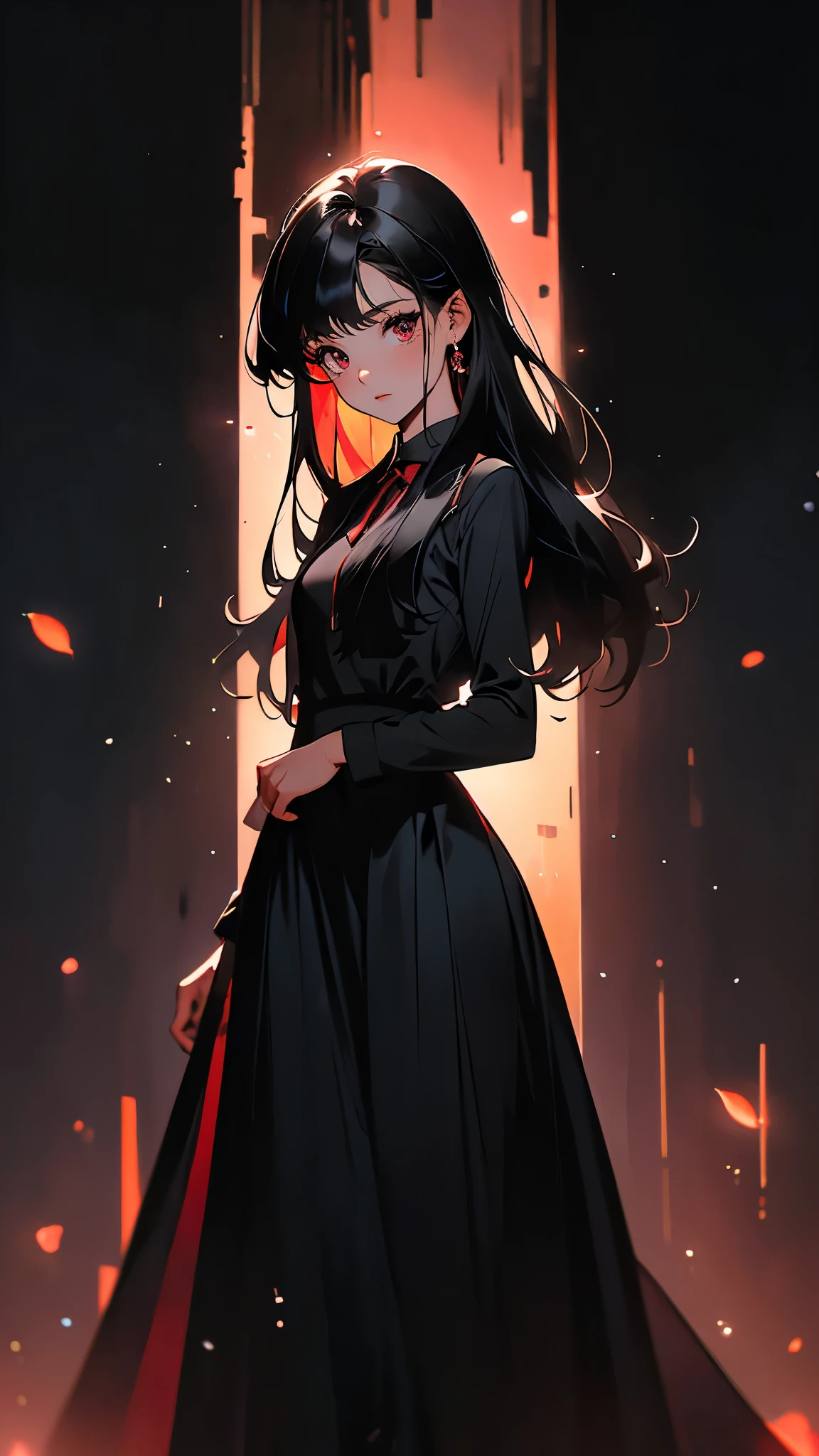 envision a 8k, highres, cinematic, beautiful full body pinup of a lady with a slender body, strong face, strong mature older face, (((black hair))), multicolored, side locks, long bangs, red eyes, Ib, long dress, school dress, ((((1girl)))), in dark lighting, against a dark gray background