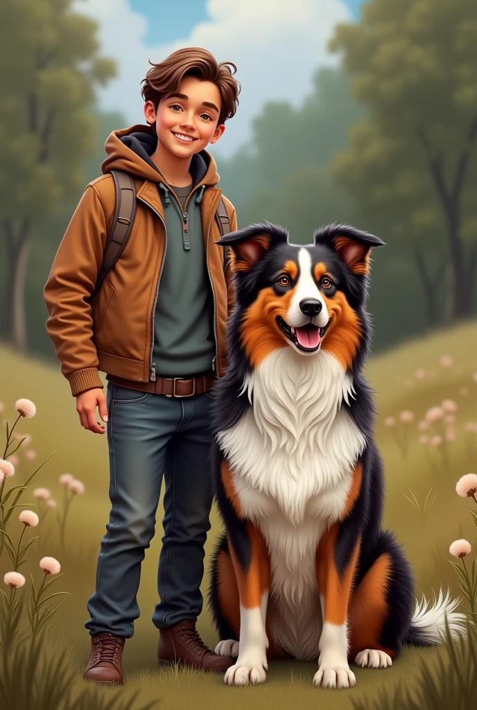 A very charming little boy with a backpack and his cute border collie puppy enjoying a lovely spring outing surrounded by beautiful flowers and nature. The illustration is a high-definition illustration in 4K resolution with highly detailed facial features and cartoon-style visuals. --auto --s2