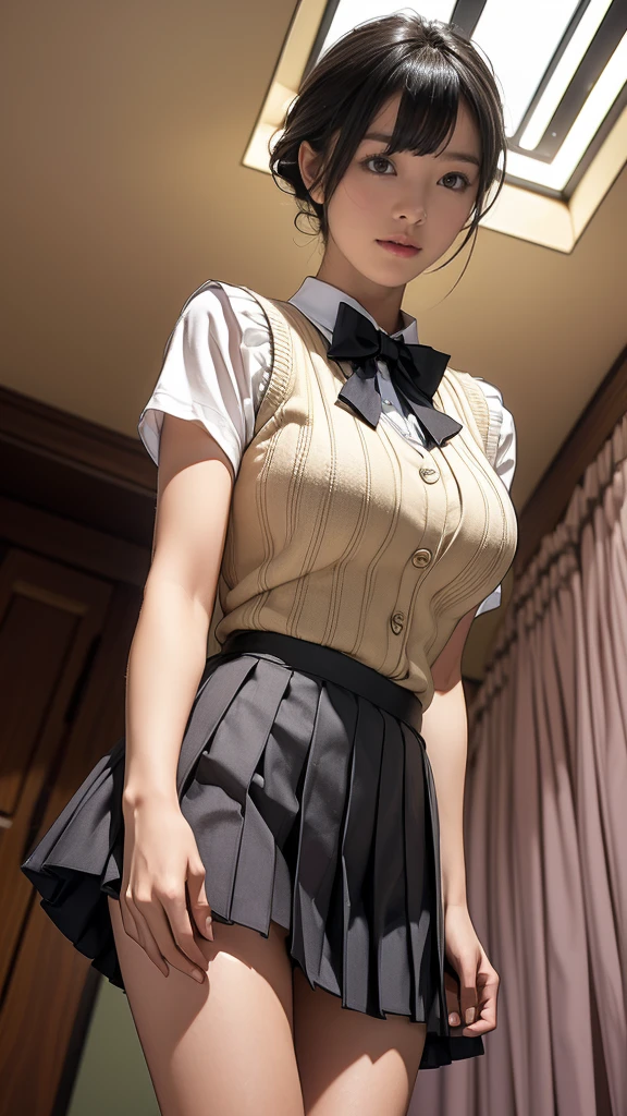 (((One girl))), blond hair, bob cut, (cowboy shot), (looking at viewer), face in focus, breasts, teenager, head tilt:1.3, (((blue eye))), ((happy smile)), ((blush)), contrapposto, school summer uniform, white shirts, skirt, black waistcoat, ((cleavage)), anime style, (best quality, 4k, 8k, highres, masterpiece:1.2, ultra-detailed, ultra-detailed eyes, HDR, UHD, studio lighting, ultra-fine painting, sharp focus, physically-based rendering, extreme detail description, professional, vivid colors, bokeh)
