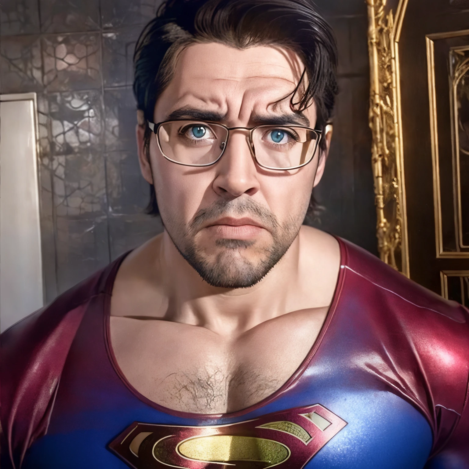 (masterpiece, intricately detailed, highest resolution, best quality:1.2),a cocky Clark Kent, a 32 y.o muscle stud with a muscular physique sitting on a chair with black eyes,dark-skinned male, ((superman uniform)), wearing chest harness, ((excessive cum, cum on body, cum dripping:1.2)), bracelets, necklace, jewelry, flaccid penis,saggy balls,hairy chest,vascular,muscle striations,soft light,fantastic realism,
