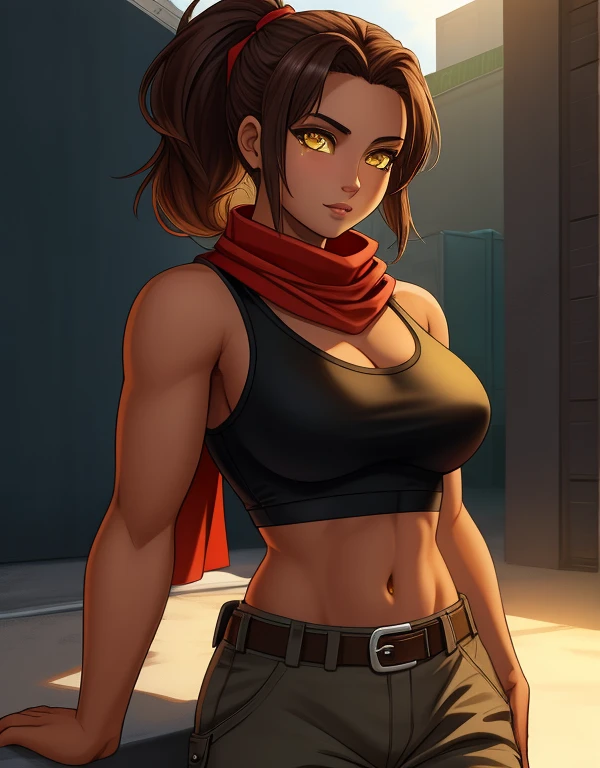 4k, high resolution, best quality, masterpiece, perfect colors, perfect shadows, beautiful and detailed portrait of a (((feminine))), perfect lighting, posted on e621, (by Chunie, by Einshelm), furry, anthro, furry art, ((portrait)), Female, black legs from foot to knee, Beautiful brown eyes, fit body, perfect masculine body, detailed fur, detailed face, ((Bonifasko lighting)), (detailed eyes), perfect pupils, Tall, Long brown hair, messy long hair, Wide hips, big legs, C cup breasts, Camo cargo pants, wearing clothes, Arms white, Black T-shirt, Shark