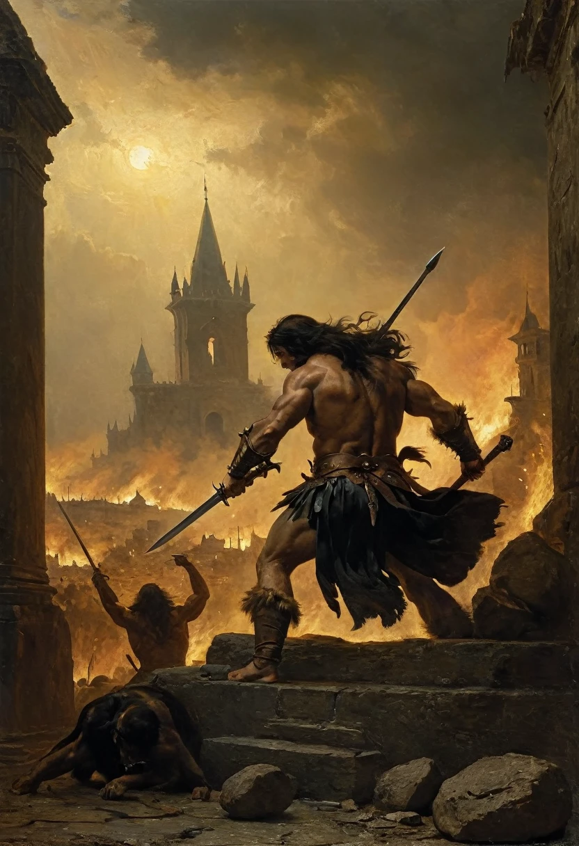 ((dark Renaissance by Bartolome Murillo)) ((ancient city Dark fantasy. Conan, a barbarian fighting with the god of demons. pointed spear-shaped turrets, parts of the structure tend upward) tragic scene, dark clouds, half-turned look at the viewer, ((in the style of Bartolome Murillo Murillo)), dark Renaissance, gradient of aged yellowed canvas, ((best quality, masterpiece)), (higher detail right), impressionism: 1.1, 8k
