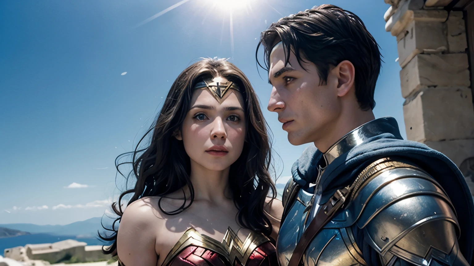 "Create a close-to-realistic image of Wonder Woman and Thor in a romantic setting. Wonder Woman, in her iconic red, blue, and gold armor, stands closely with Thor, who is wearing his traditional Asgardian armor, complete with his red cape and Mjolnir in hand. They are gazing into each other’s eyes with deep affection, their hands gently intertwined. The background is a dramatic sunset on a cliff overlooking the ocean, with the golden light reflecting off their armor. The scene should capture the powerful yet tender connection between these two legendary heroes, highlighting their love and mutual respect."