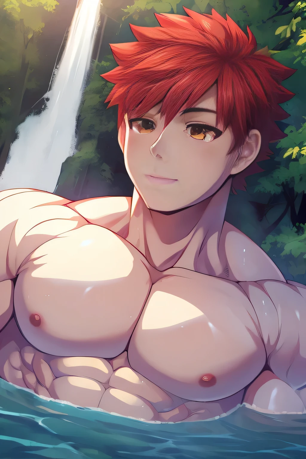 (human) a Teen Shirou Emiya, taking a bath in a river in a forest, waterfalls, short haircut, red hair, amber Eyes, dark skin trending on bbwchan, meditating pose, up close shot shinji aramaki, inspired by Abdullah Gërguri, perfect muscle structure, unreal rendered, made of rubber, pictured from the shoulders up, doomy, drool, very muscular with broad shoulders, prominent pectorals and very marked abs, bodybuilder body, huge chest, huge pecs. Mexican ethnicity. muscular gigachad benediction, the ultimate gigachad. Young man, yung face. Teen. Shirou Emiya (Shirou Emiya, Emiya Shirō)