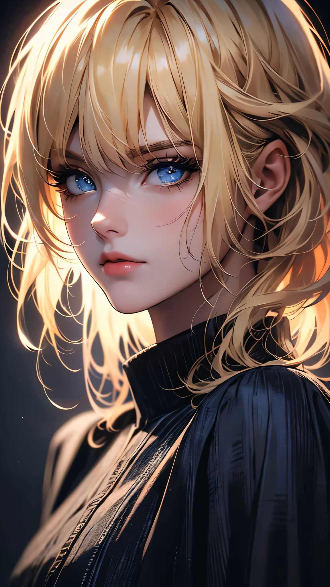 envision a 8k, highres, cinematic, beautiful close up portrait of a lady with a slender body, strong face, strong mature older face, (((blonde hair))), multicolored, side locks, long bangs, blue eyes, Viola, ((((1girl)))), in dark lighting, against a dark gray background