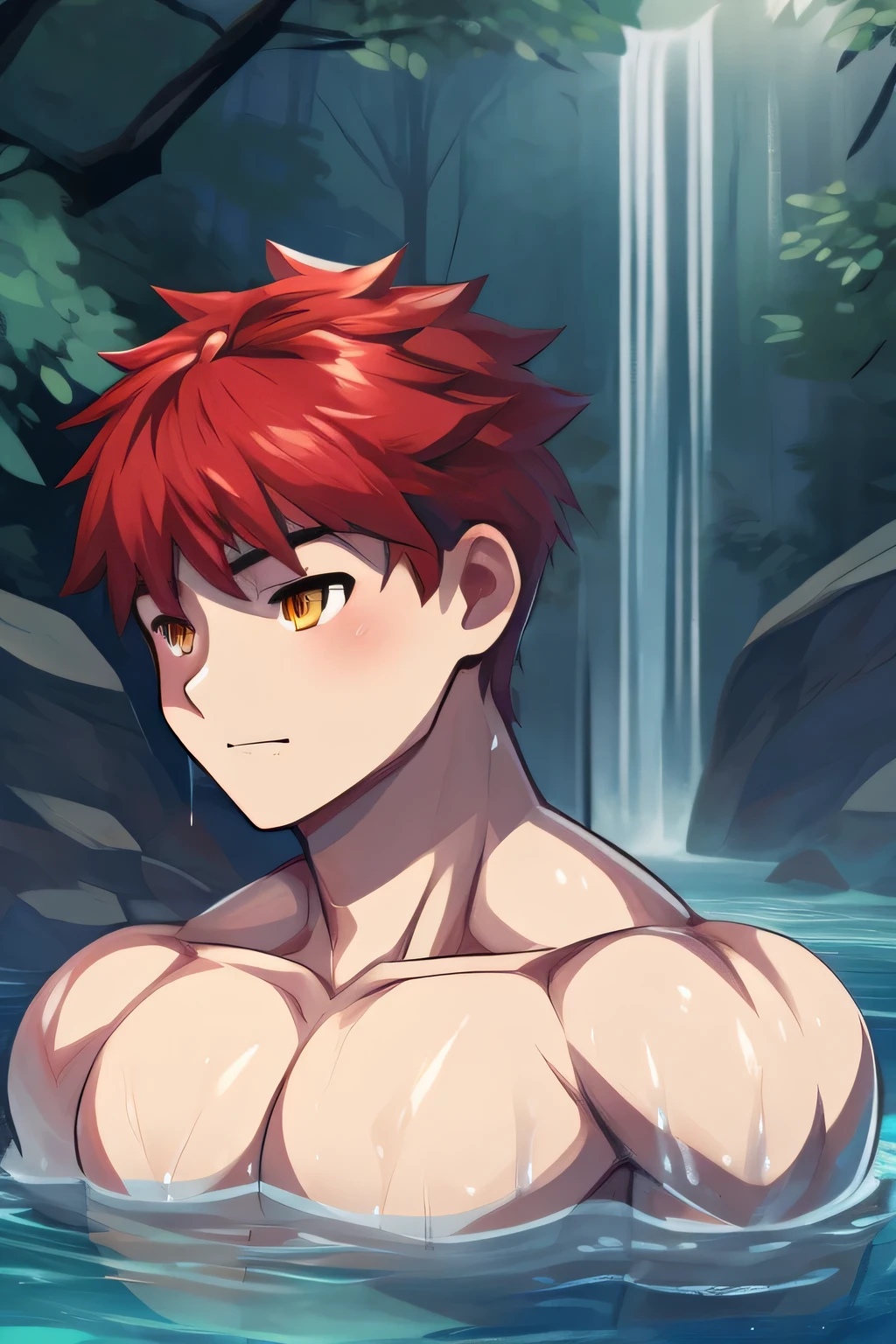 (human) a Teen Shirou Emiya, taking a bath in a river in a forest, waterfalls, short haircut, red hair, amber Eyes, dark skin trending on bbwchan, meditating pose, up close shot shinji aramaki, inspired by Abdullah Gërguri, perfect muscle structure, unreal rendered, made of rubber, pictured from the shoulders up, doomy, drool, very muscular with broad shoulders, prominent pectorals and very marked abs, bodybuilder body, huge chest, huge pecs. Mexican ethnicity. muscular gigachad benediction, the ultimate gigachad. Young man, yung face. Teen. Shirou Emiya (Shirou Emiya, Emiya Shirō)