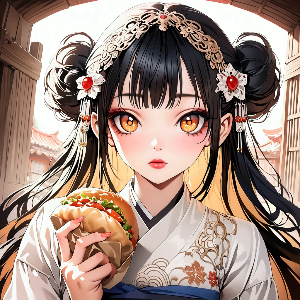 A young Japanese woman (, 2D anime style, intricate details, hyper-realistic, extremely intricate details, 8k). Traditional and sensual attire(2D anime style, intricate details, hyper-realistic, extremely intricate details, 8k).  He is at a fair buying street food(2D anime style, intricate details, hyper-realistic, extremely intricate details, 8k). The sky is extremely bright and the sunset is red and yellow in color displaying extreme reflections of sunlight.(2D anime style, intricate details, hyper-realistic, extremely intricate details, 8k).The photo shows extreme detail and a magical environment showing all the youth of the young woman (2D anime style, intricate details, hyper-realistic, extremely intricate details, 8k). Background (2D anime style, intricate details, hyper-realistic, extremely intricate details, 8k).