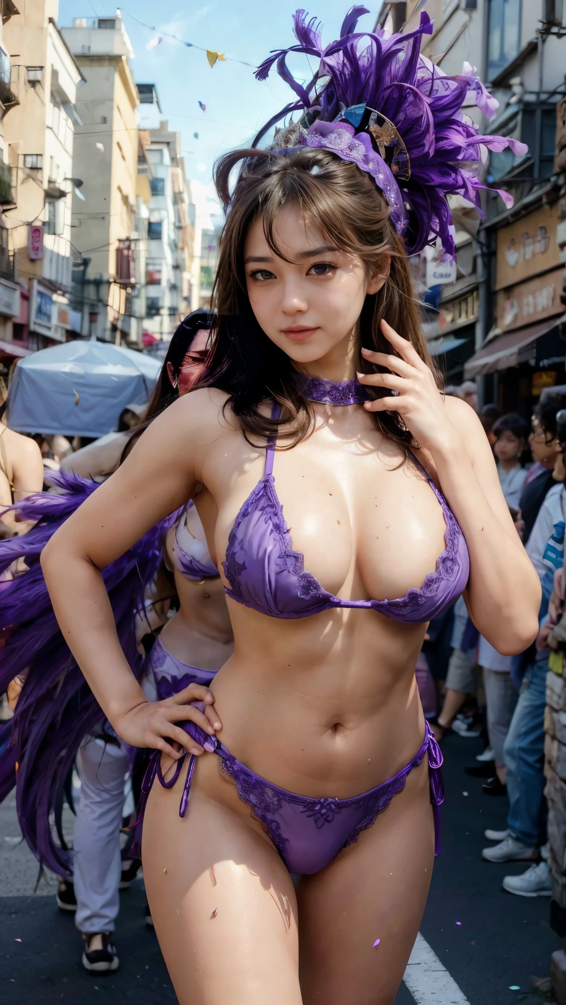 run-6500-v1.1, (RAW Photos:1.7), (Browsing Caution:1.3), (Realisticな、Realistic:1.37), (8k、RAW Photos、Best Quality、masterpiece:1.2)、 (Genuine:1.7), ((Ultra-high resolution,High-quality images)), Very detailed、Physically Based Rendering、Ultra-high resolution、Kodak Vision Coloured と Arricam LT カメラ、Bokeh Depth of Field、Sharp focus、(((Correct Anatomy:1.2)))、(masterpiece, Best Quality:1.5), (ultra detailed 8k cg:1.4), (hyperRealistic:1.25), (PhotoRealistic:1.25), (Realistic:1.4), Complete limbs, Full Finger, (Shooting from a distance:1.4), Score_9, Score_8_superior, Score_7_superior,Realistic, Detailed face, Detailed skin, Realistic background, ((Ultra-Dense Skin)), break,

Japanese, 4, Mature Woman, Alone, Plump figure, Fat around the belly, (Brown Hair, Shoulder-length straight hair), Very detailed, Pay attention to the details, Accurate hands, Accurate legs, Detailed hands and fingers, Anatomically correct body, Thin legs, Thin thighs, C cup breasts, Plump butt, Brown nipples, Erect nipples, Brown areola, Huge areola, 非常にDetailed face, break, 

(Full body image,頭のsuperiorから爪先まで), Shooting from below, break, 

 ((Purple Super High Leg Samba Micro Costume:1.7, Micro bikini costume, Costume fabric area has been reduced:1.3, Camel Toe)), Carrying a large purple feather headdress on his back, {{{{{Dancing enthusiastically in a parade:1.9}}}}}, A lively boulevard, sunny, skinny, {{Surrounded by male photographers:1.9}}, She has been photographed by many male photographers...:1.7, Confetti is falling,

Lean forward and stick your butt out, Look at the audience, break, 