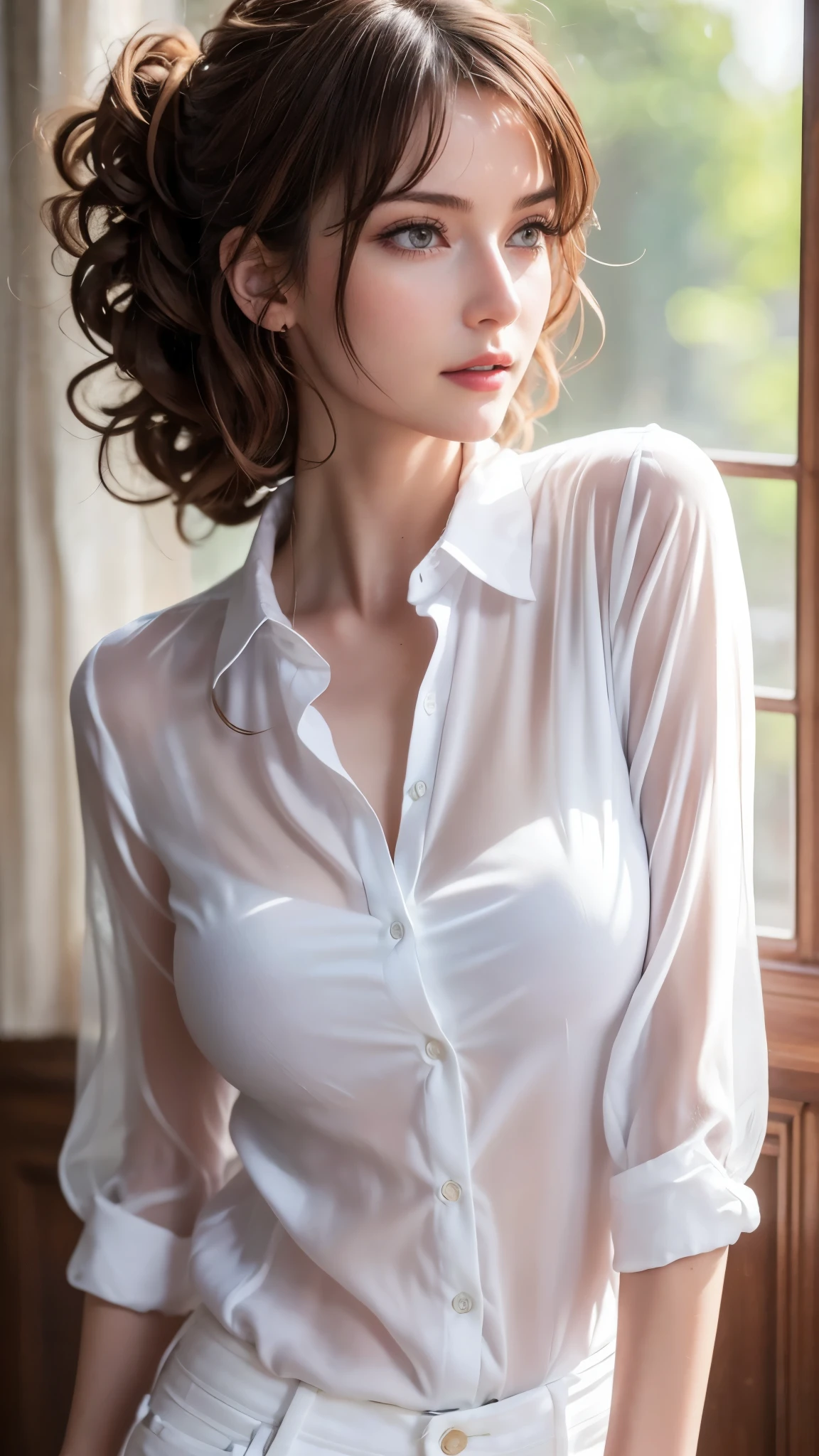 ((Best Quality、8k、masterpiece:1.3)),  Sharp focus:1.2, Beautiful woman with perfect figure:1.4, Slim abs:1.1, ((Dark Brown Hair、Long Hair))，(((White collared blouse)))，((Skinny jeans)), Highly detailed face and skin texture, Double eyelids, Poses that accentuate the chest, (See-through:1.3), Showing off your bra, Very large breasts,  whole body, Most detailed, Written boundary depth, Beautifully detailed whole body, Thin legs, Age 30,  Spiked Hair, Please open your mouth a little.., Delicate arms and hands, Pale skin, Colorful background, HD Backgrounds, Blurred Background, Very delicate and beautiful,  (((Trendy hairstyles))), (Inside the room,Stylish interior,window),