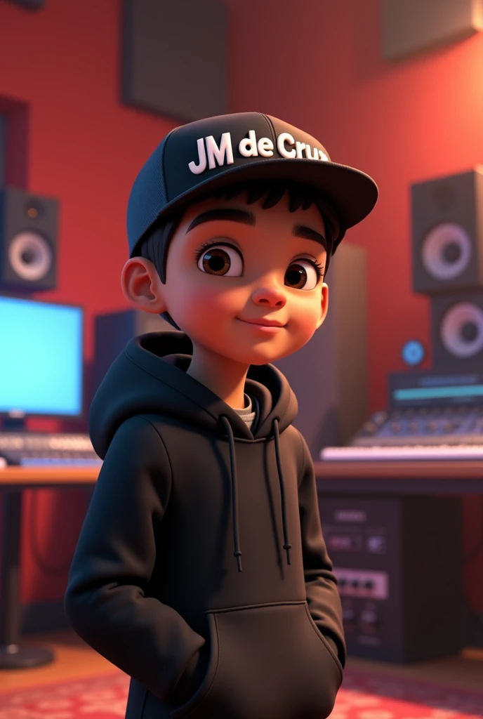 A boy with a cap that says de la cruz In a recording studio And a black t-shirt with letters that say JM DELACRUZ