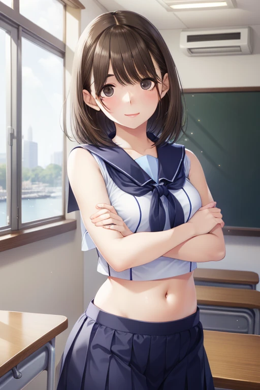 (High school girl in underwear)1.3,(Upper body with just a bra)1.3,(masterpiece)1.3,anime visual,high school girl, short pony tail hair,(sit at school desk)1.5,(skirt,cotton bra)1.4,(classroom,blackboard)1.3,(Lovey-dovey eyes), (tilt head)1.3,(embarrassed face)1.4,soft clean focus, realistic lighting and shading, (an extremely delicate and beautiful art)1.3, elegant, ,active angle,dynamism pose