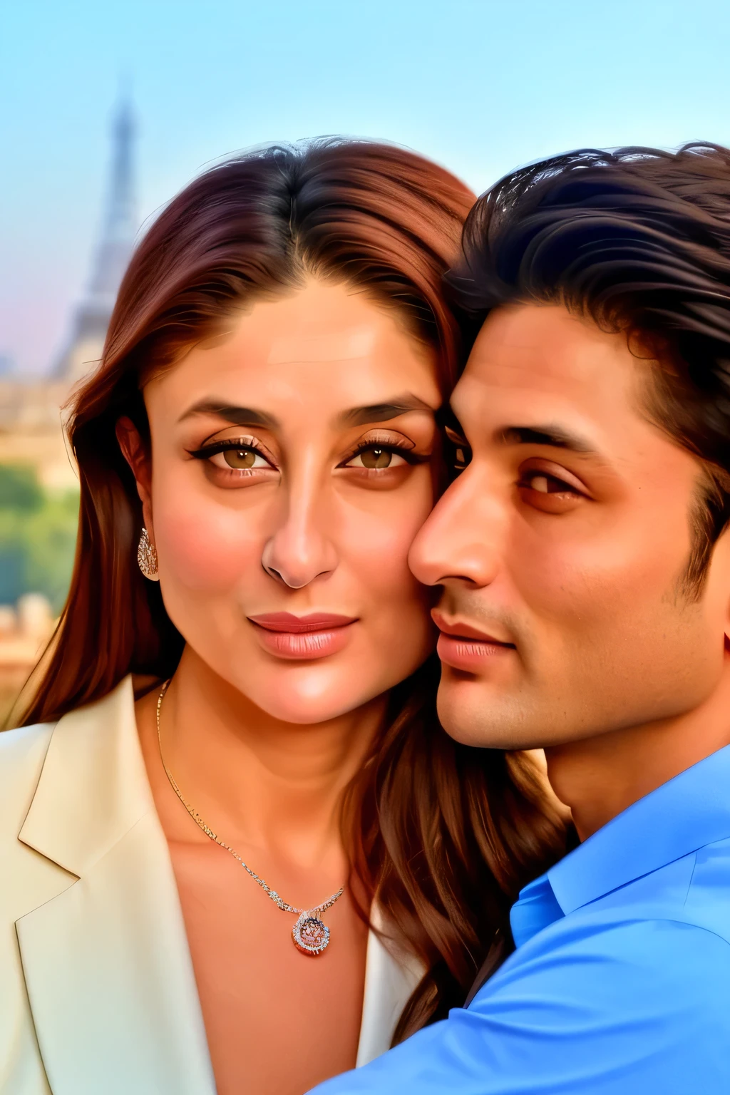 Kareena kapoor with her boyfriend. He kissing kareena's cheek. Make hollywood romantic type movie poster. They are in paris 