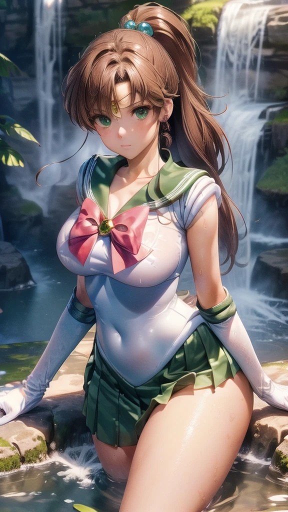 (((masterpiece))), (((High resolution)))、(((8K quality)))、(((Perfect Face)))、 , Looking into the camera, ((最high qualityの目)), (Detailed face), (Detailed Texture), Sailor Jupiter cosplay outfit、One Girl, Alone, High resolution, Anatomically correct, 最high quality,Draw the whole body 、My breasts are a little small、White long gloves、Green Skirt、(((At the waterfall、On knees、Soaking wet)))、One girl, solo, High resolution, Anatomically correct, 最high quality, High resolution, masterpiece, accurate, 最high quality, Very detailed, Ultra high definition, Textured skin, high quality, High-resolution model, 