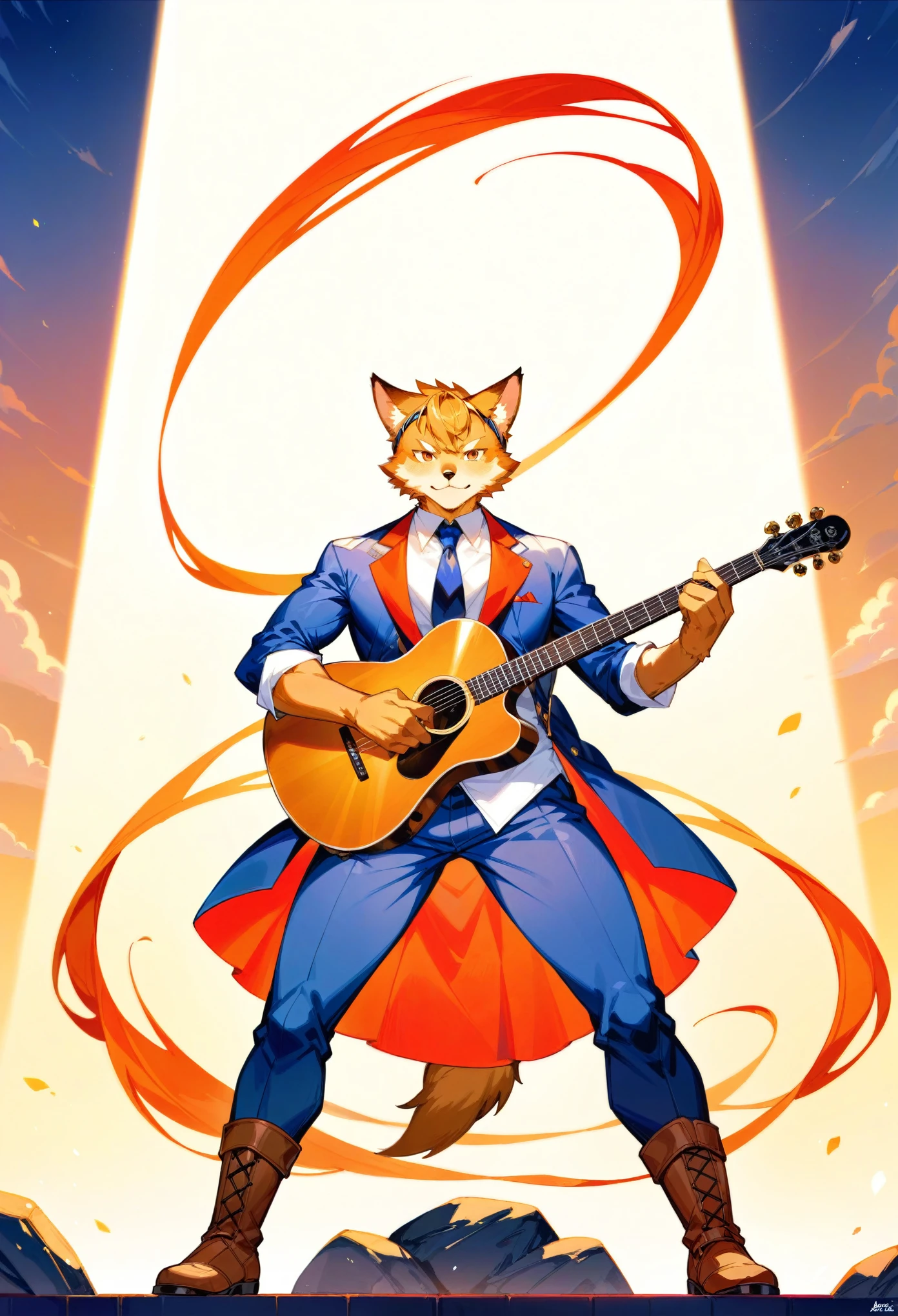 rating_safe, score_9, score_8_up, score_7_up, score_6_up, score_5_up, score_4_up, source_furry, highres, cover page, Rock Band Concerts, Musical instrument performance, Stage Performance, hot air, absurdres(kemono, 1boy, furry anthro)dramatic, epic, One scene of movie,