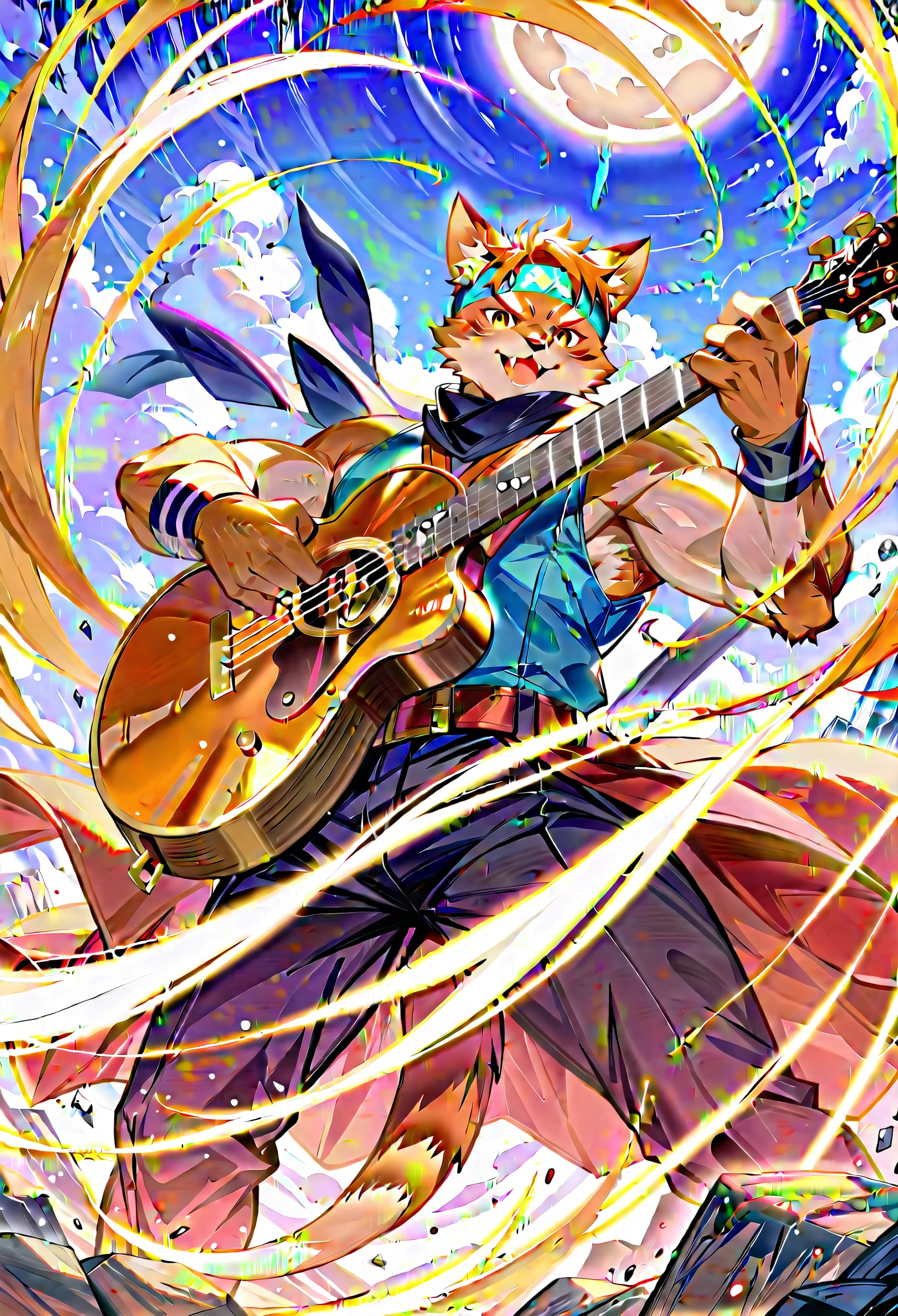 rating_safe, score_9, score_8_up, score_7_up, score_6_up, score_5_up, score_4_up, source_furry, highres, cover page, Rock Band Concerts, Musical instrument performance, Stage Performance, hot air, absurdres(kemono, 1boy, furry anthro)dramatic, epic, One scene of movie,