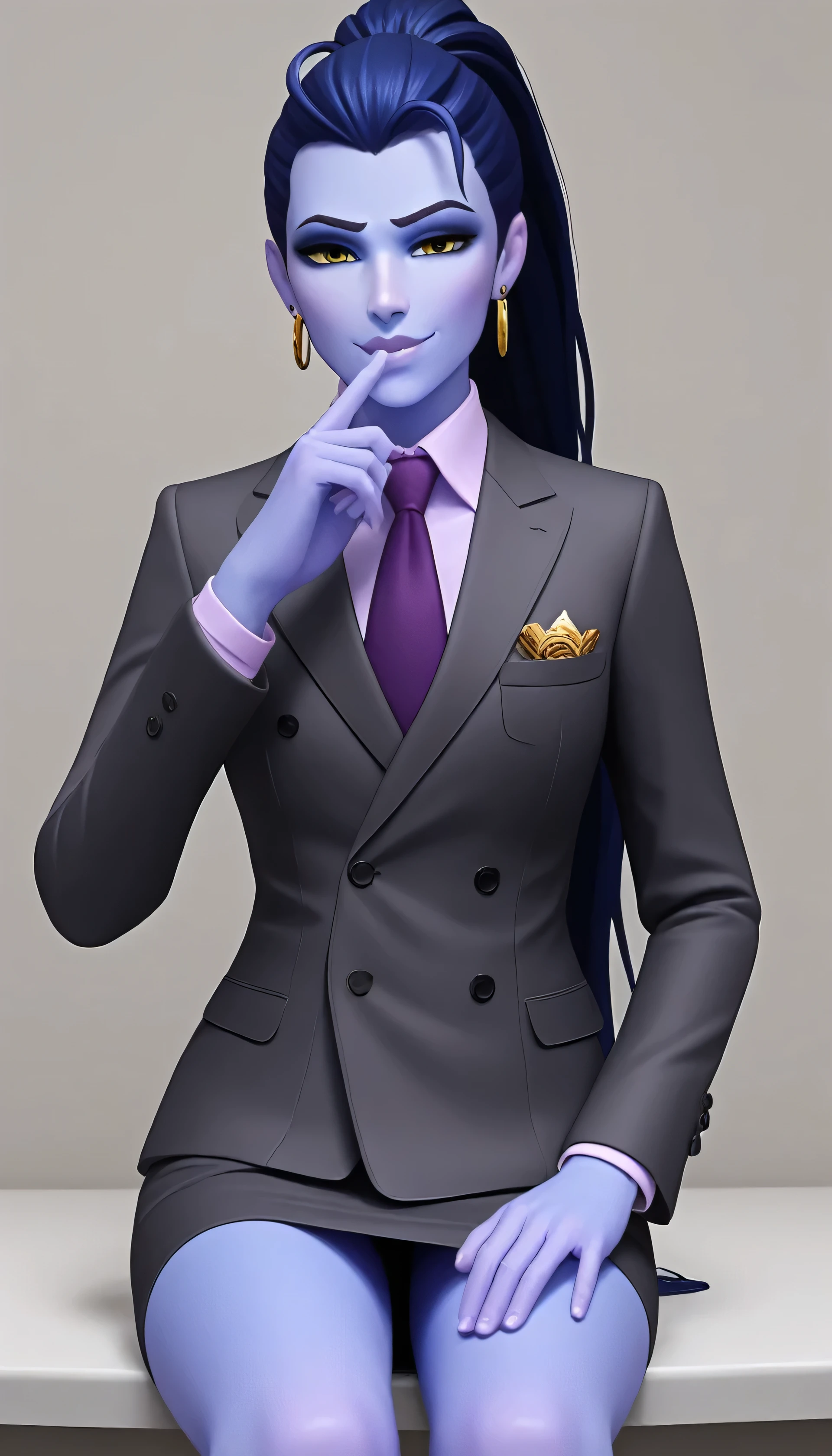 score_9, score_8_up, score_7_up, BREAK
 wdwmakr, colored skin, long hair, ponytail, yellow eyes,,lips,1girl,solo,
double-breasted suits, formal, jewelry, dark grey suit, purple necktie, earrings, jacket, shirt, jacket, shirt, lips, skirt, pocket square, cufflinks, shiny clothing, bare legs
Face shot,Looking at viewer, smug, adjusting necktie, tightening necktie, above the knee skirt