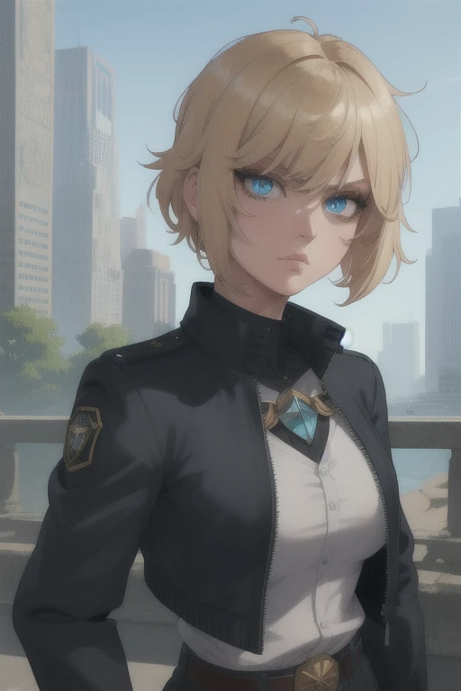 leslie,bangs,two-tone hair,undercut,blue eyes,
gloves,shirt,black jacket,belt,
standing,upper body,serious,
metropolis,morning,
(insanely detailed, beautiful detailed face,beautiful detailed eyes, masterpiece, best quality),