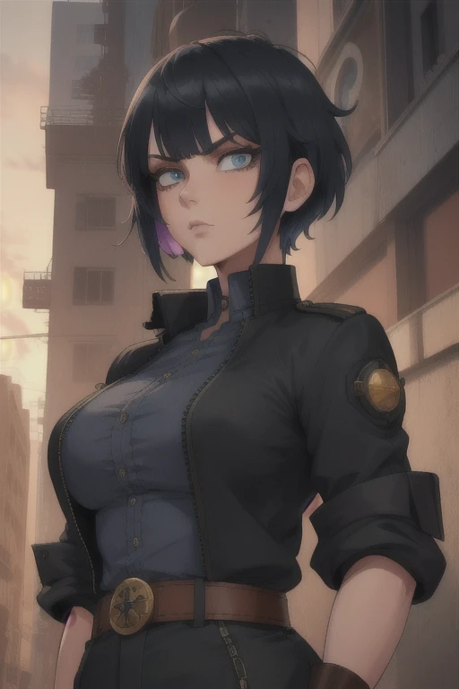 leslie,bangs,two-tone hair,undercut,blue eyes,
gloves,shirt,black jacket,belt,
standing,upper body,serious,
metropolis,morning,
(insanely detailed, beautiful detailed face,beautiful detailed eyes, masterpiece, best quality),