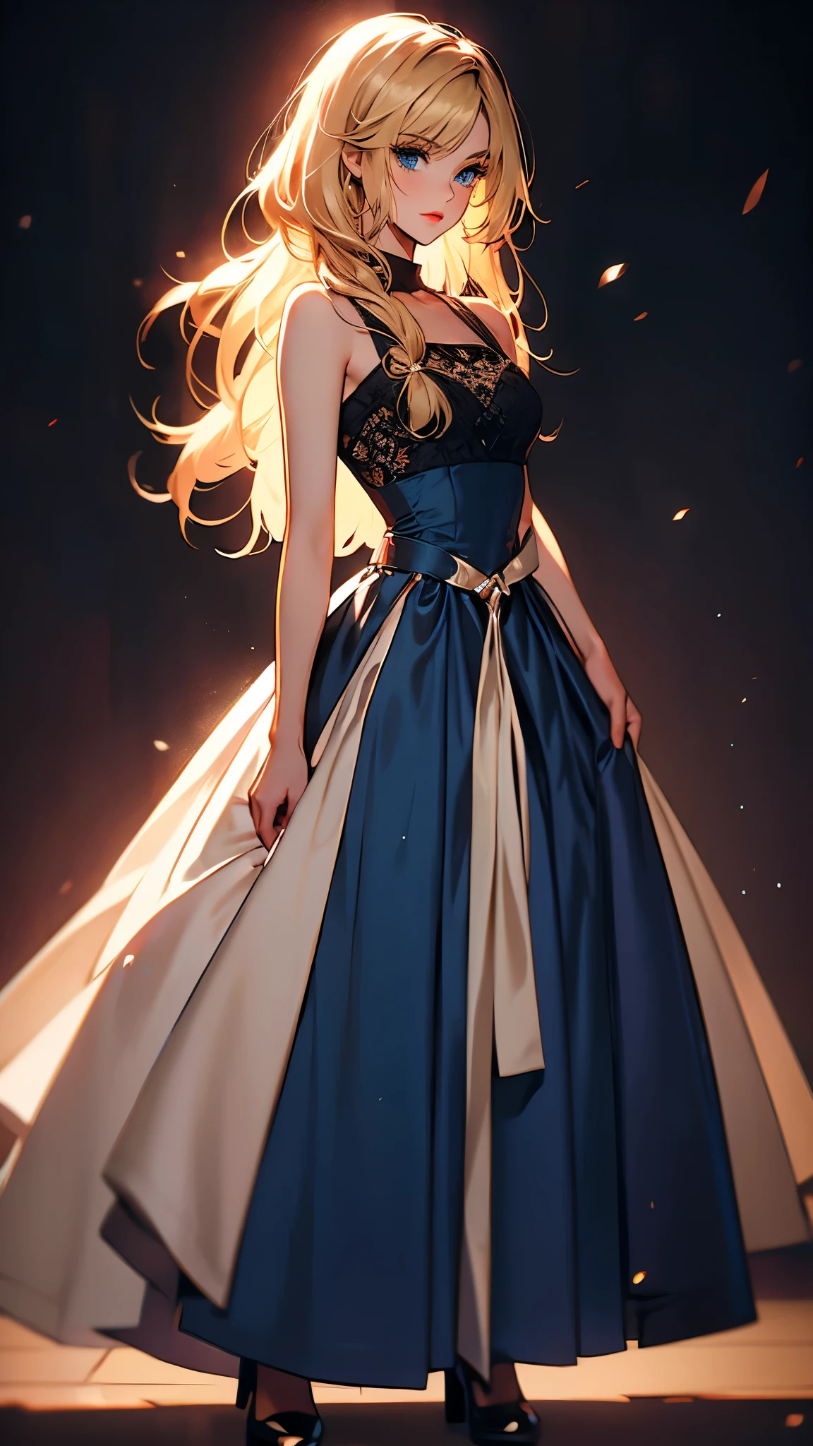 envision a 8k, highres, cinematic, beautiful full body pinup of a lady with a slender body, strong face, strong mature older face, (((blonde hair))), multicolored, side locks, long bangs, blue eyes, Viola, school dress, long school dress, ((((1girl)))), in dark lighting, against a dark gray background