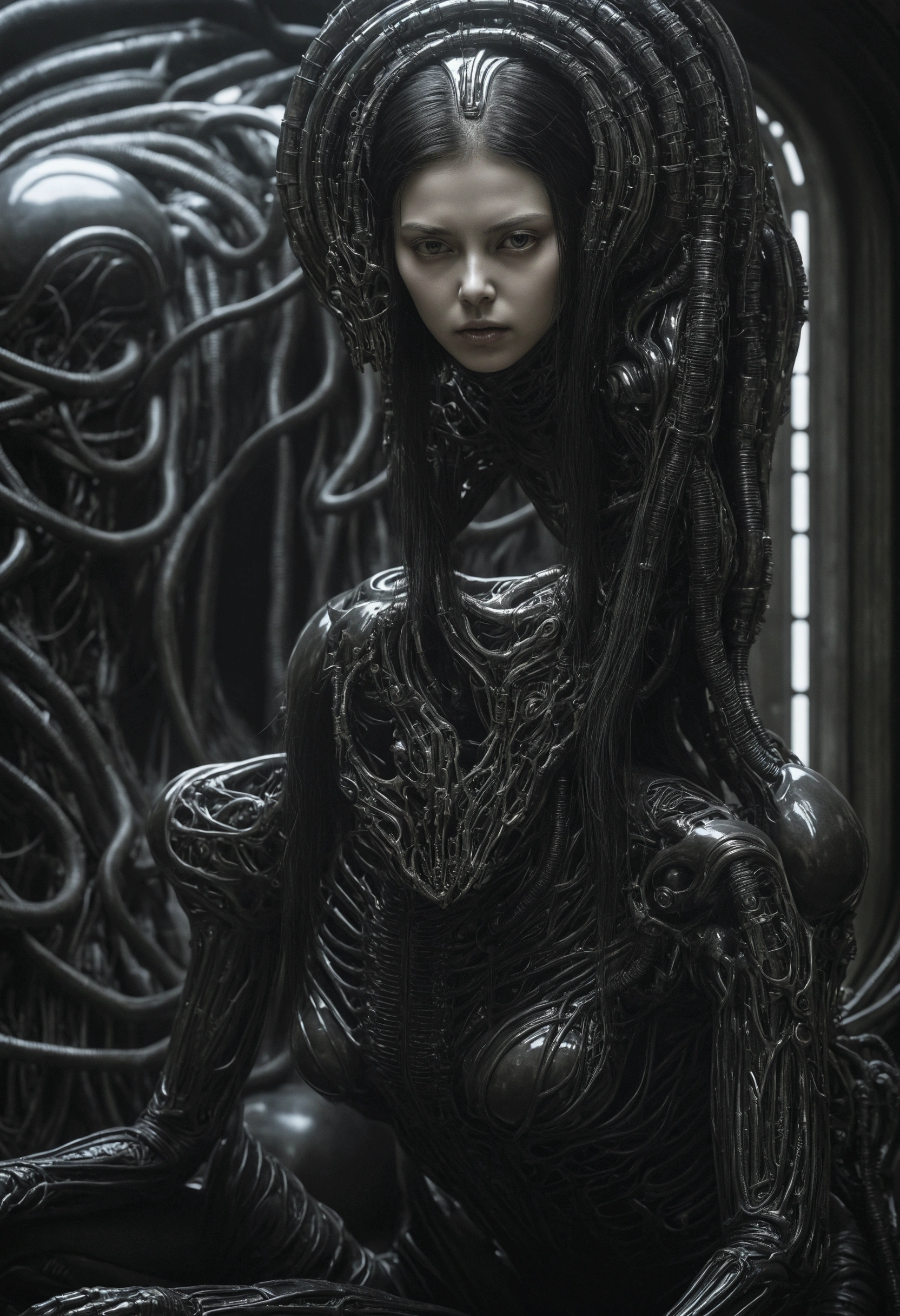 hr giger visual combination, future, sporty woman body, horror, biomechanical vessel, Japanese.