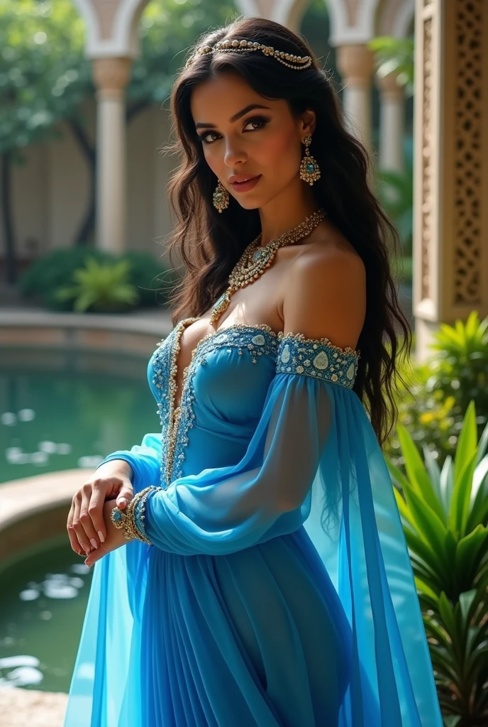 Majestic queen woman light blue color sitting big breast black hair